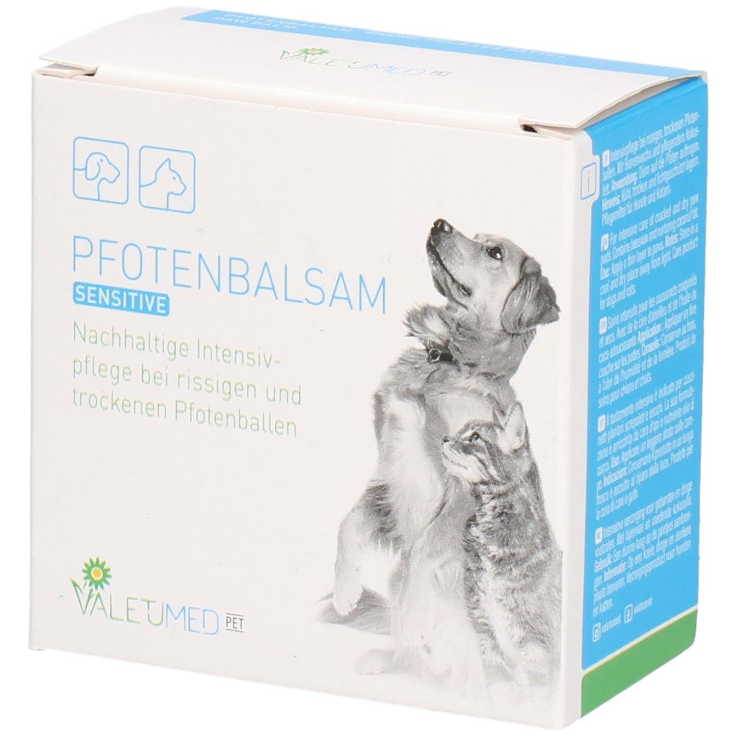 Weißer Karton mit Produktaufdruck. Aufdruck: Pfotenbalsam sensitive. Illustration: Hund und Katze. Logo: VALETUMED PET.