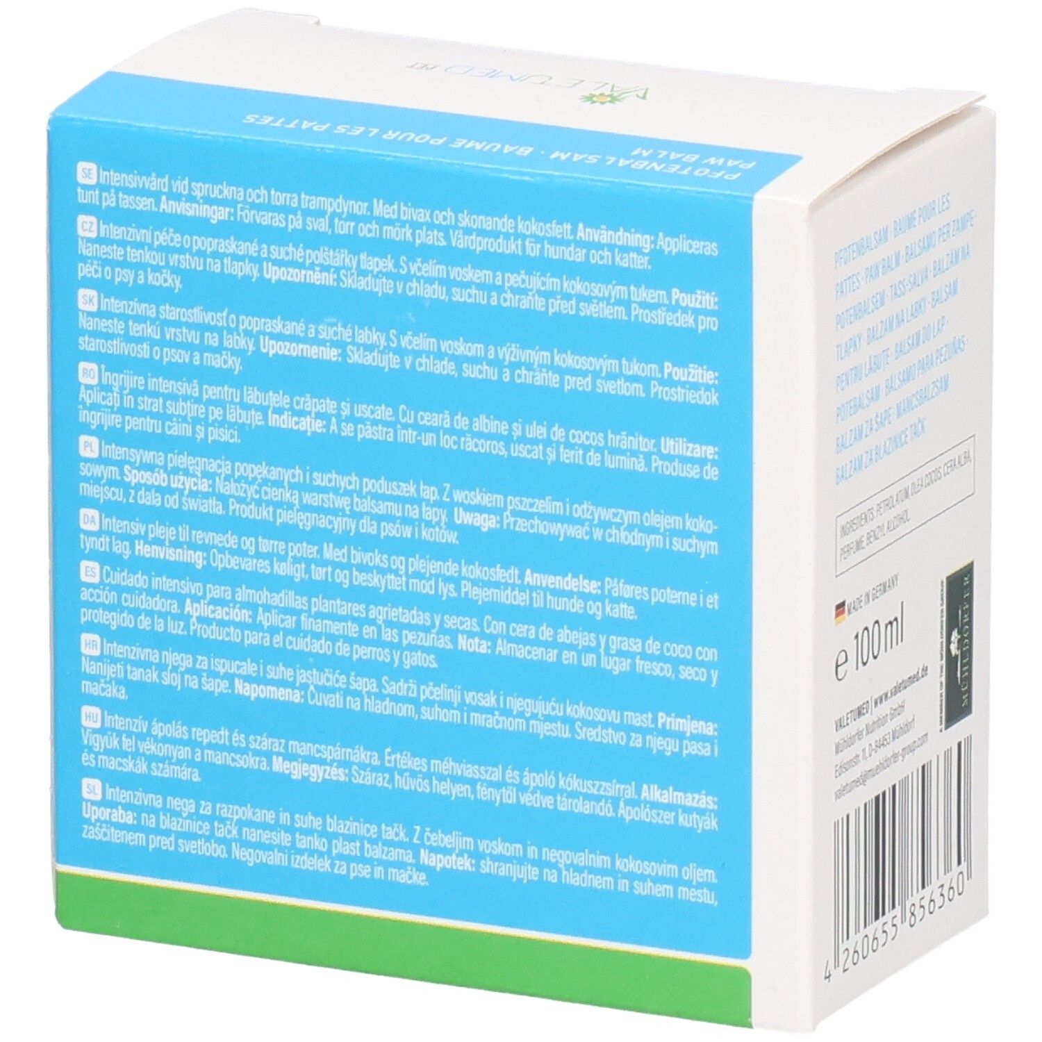 Produktverpackung mit Text. Text: Anwendungshinweise in mehreren Sprachen. Logo: VALETUMED PET.