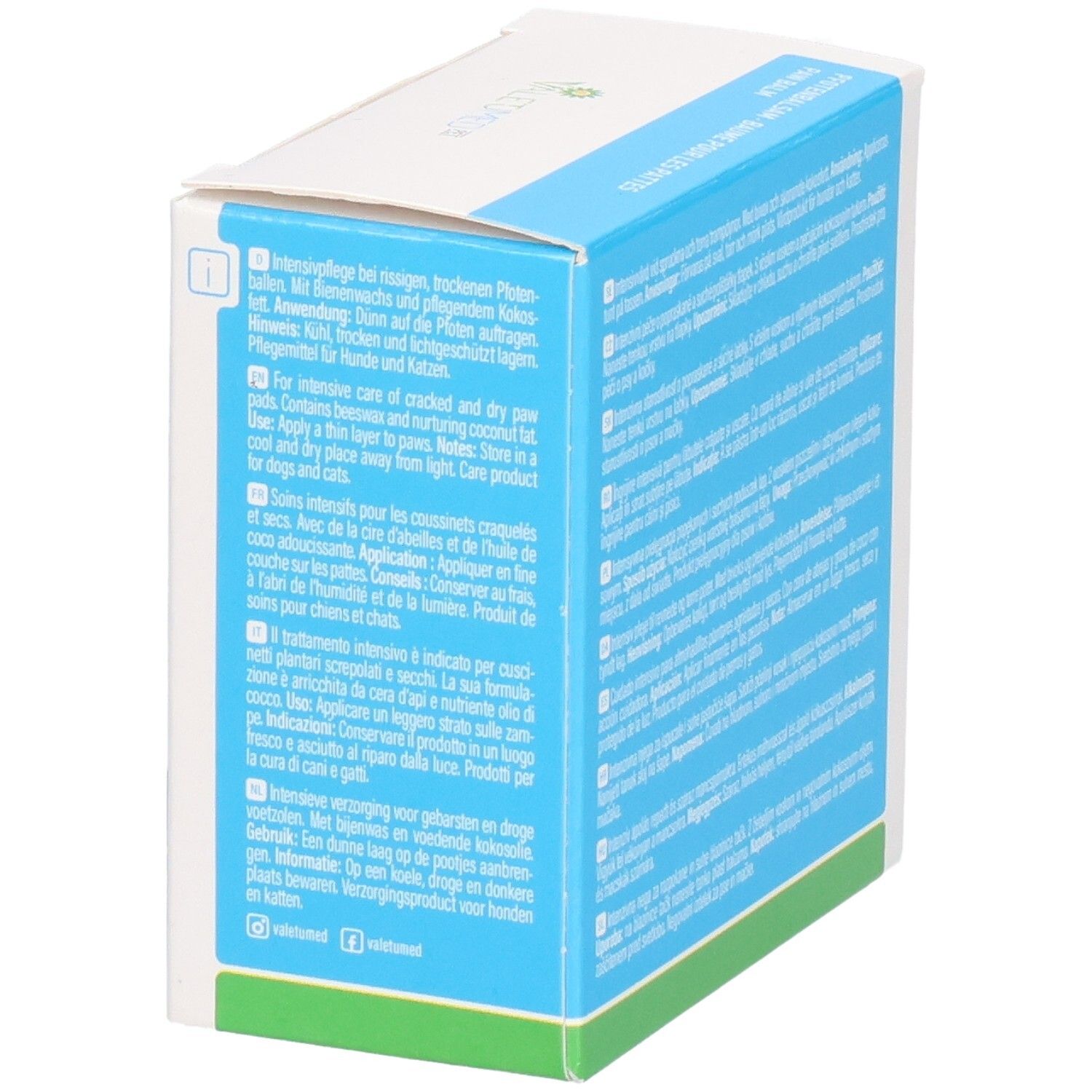 Produktverpackung mit Text. Text: Anwendungshinweise in mehreren Sprachen. Logo: VALETUMED PET.