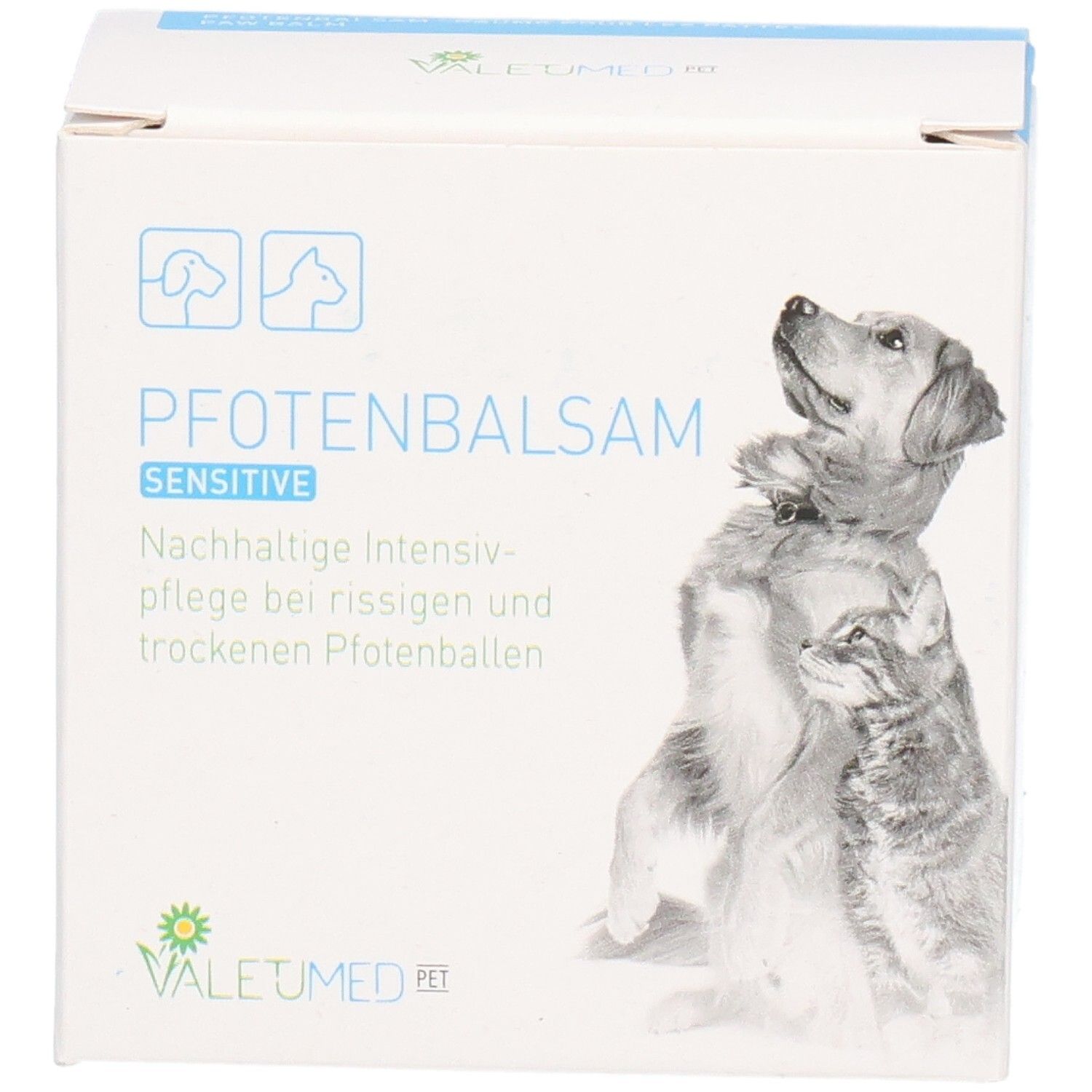 Weißer Karton mit Produktaufdruck. Aufdruck: Pfotenbalsam sensitive. Illustration: Hund und Katze. Logo: VALETUMED PET.