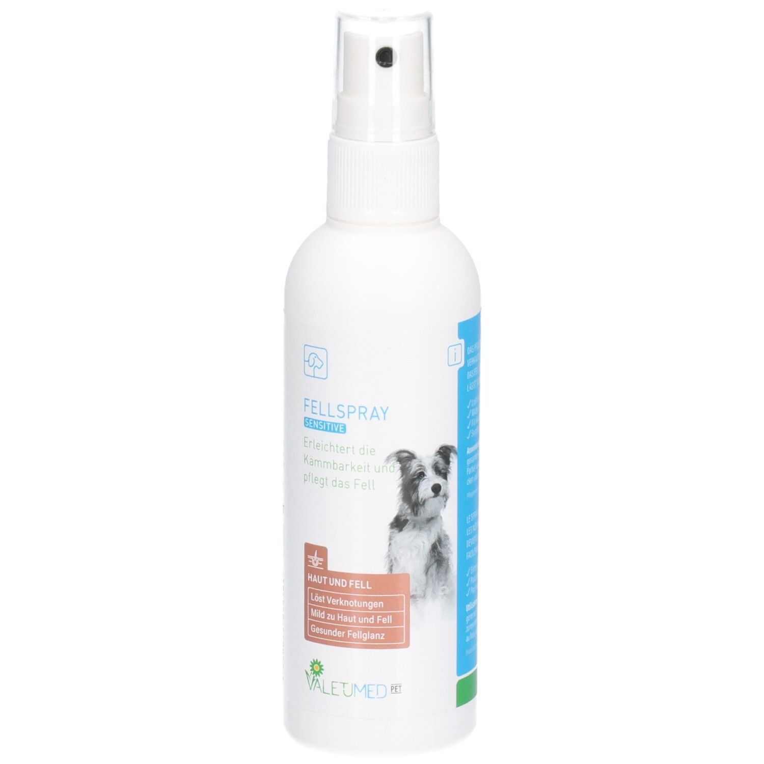 Weiße Sprühflasche mit Aufschrift FELLSPRAY sensitive. Abbildung eines Hundes. VALETUMED Logo.