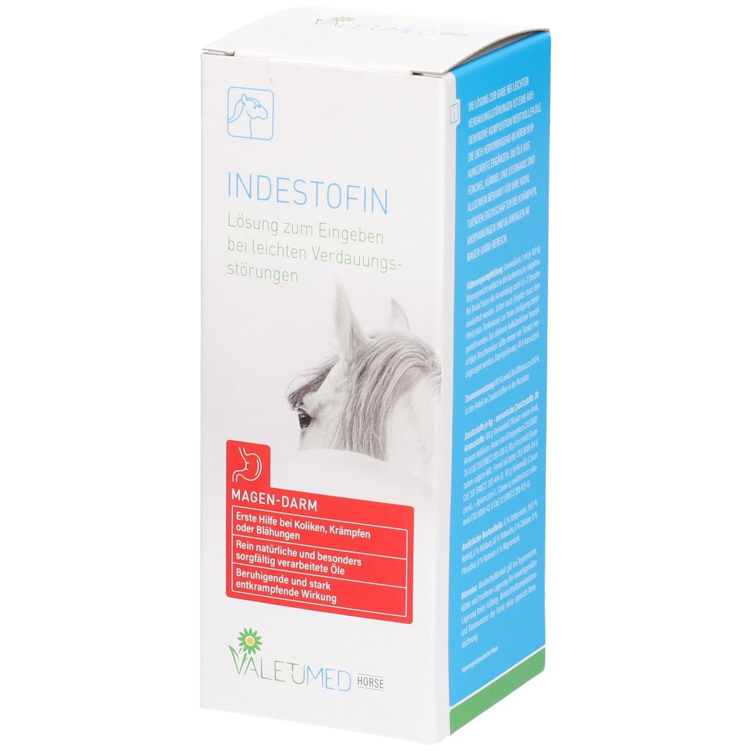 Weiße Produktverpackung mit Text und Logo. Aufschrift: INDESTOFIN. Roter Bereich mit Text: Magen-Darm. VALETUMED Logo.
