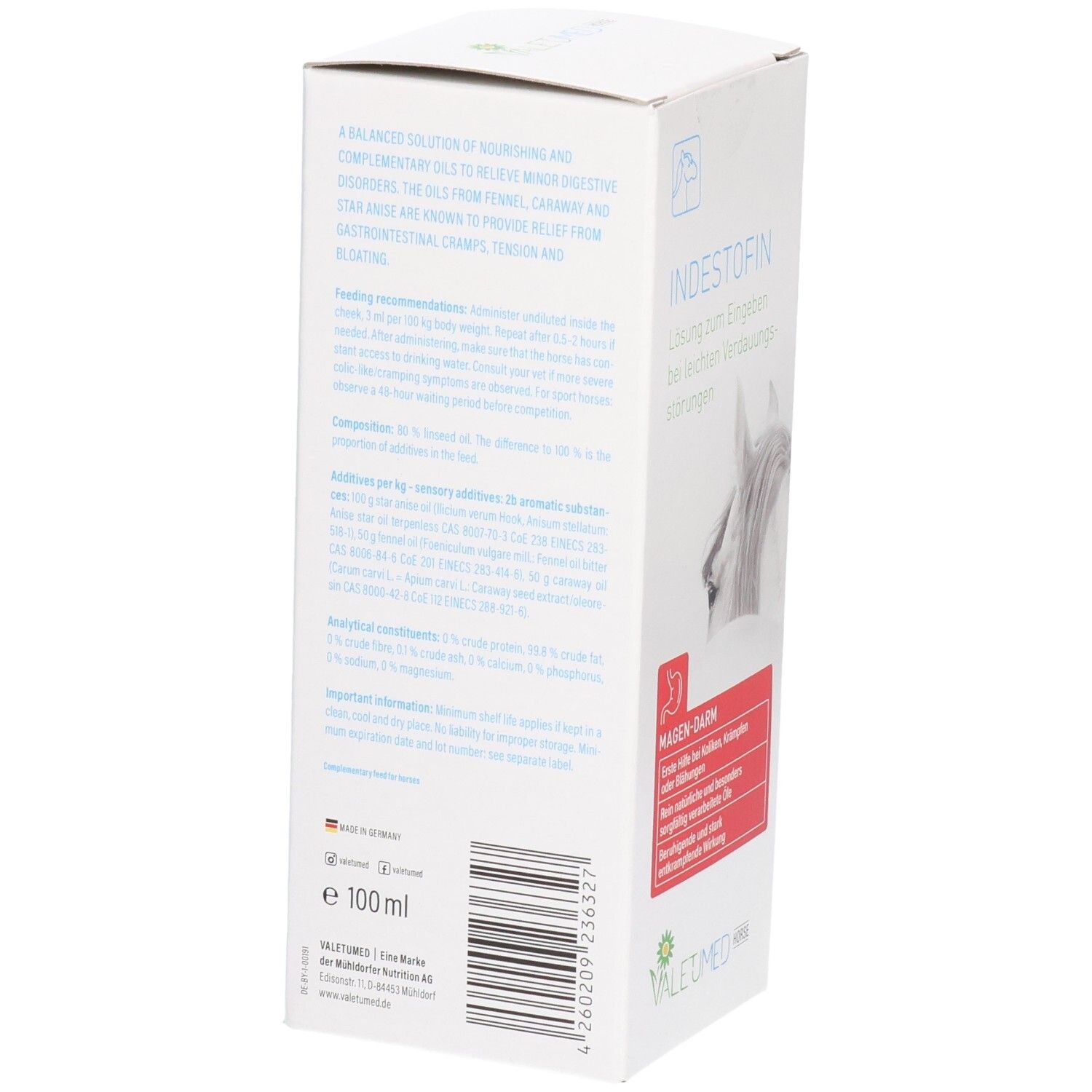 Weiße Produktverpackung mit Text. Aufschrift: INDESTOFIN. Text über Inhaltsstoffe und Dosierung. VALETUMED Logo. Volumen: 100 ml.