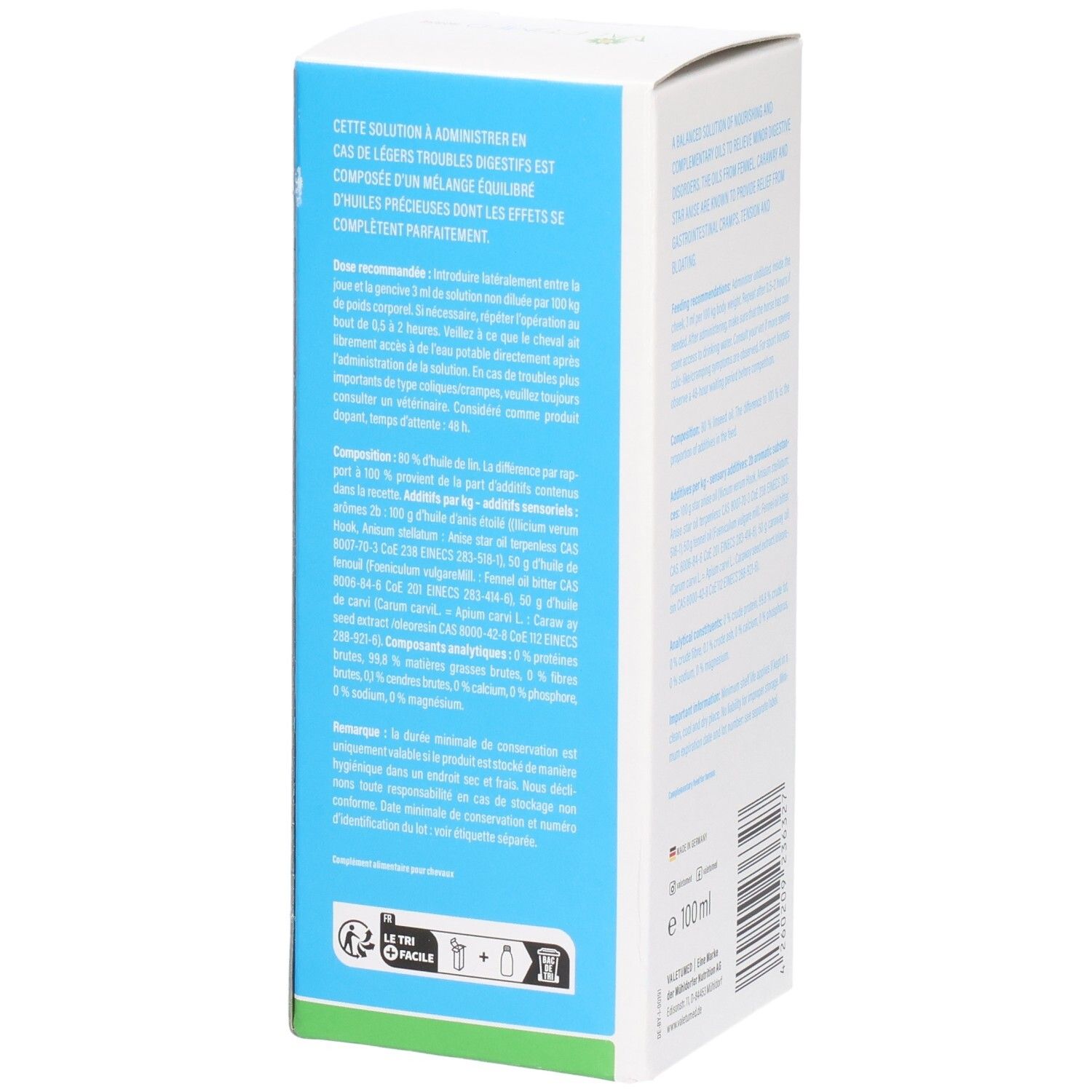 Blaue Seite der Produktverpackung mit Text. Text über die Zusammensetzung und Anwendung. Volumen: 100 ml. Logo.