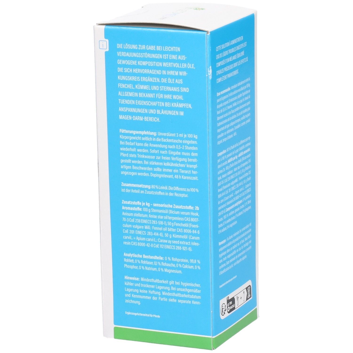 Blaue Seite der Produktverpackung mit Text. Text über die Zusammensetzung und Anwendung. Logo.