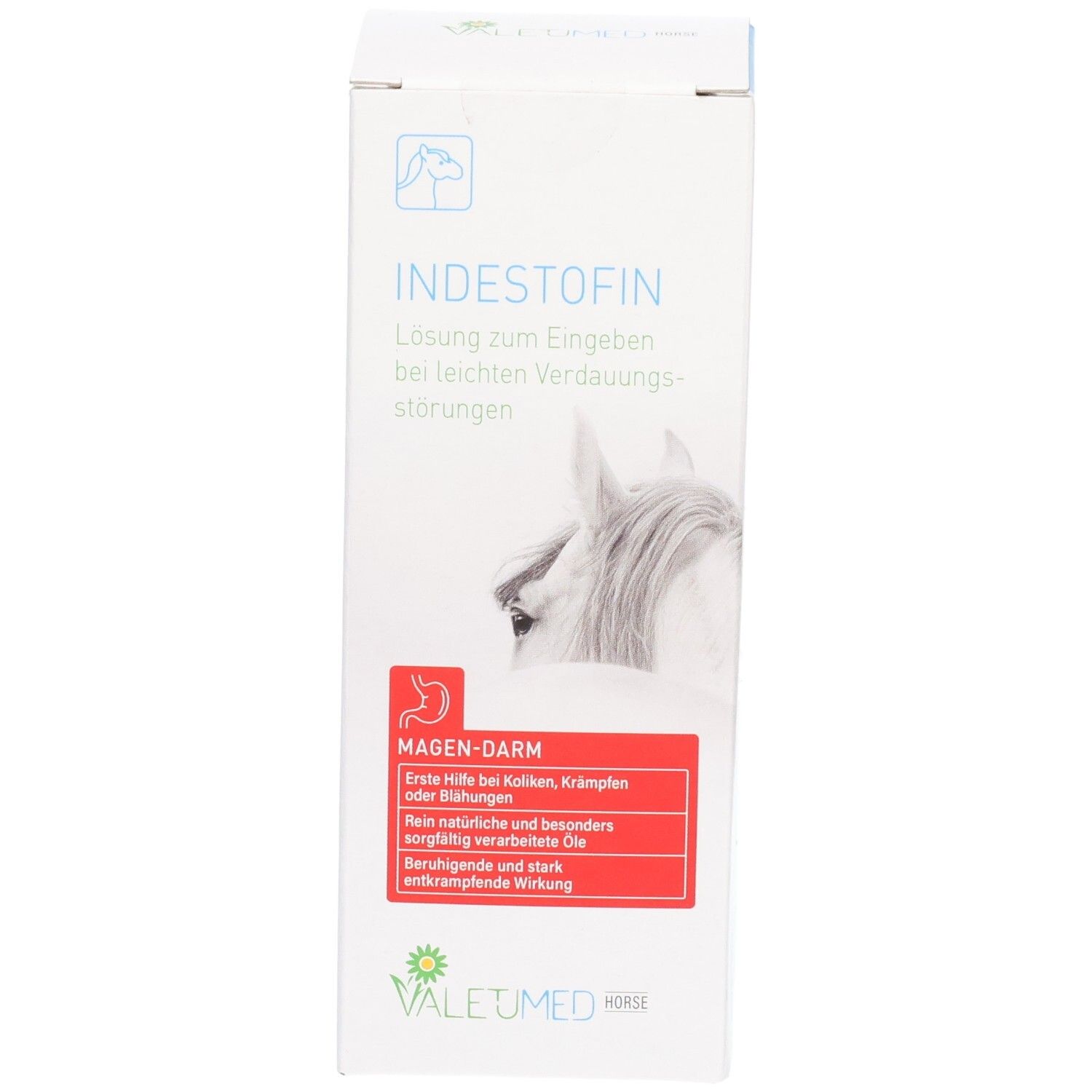 Weiße Produktverpackung mit Text und Logo. Aufschrift: INDESTOFIN. Roter Bereich mit Text: Magen-Darm. VALETUMED Logo.