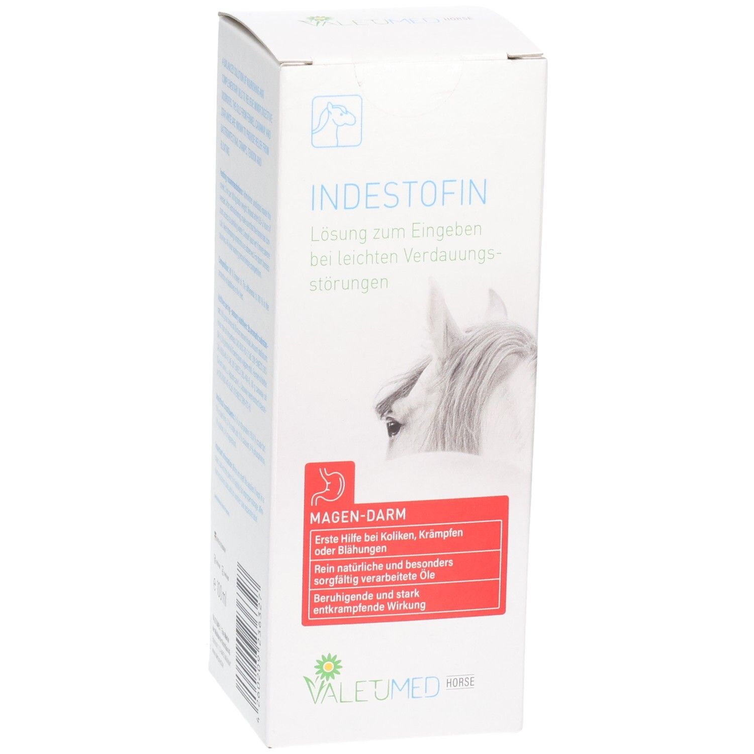Weiße Produktverpackung mit Text und Logo. Aufschrift: INDESTOFIN. Roter Bereich mit Text: Magen-Darm. VALETUMED Logo.