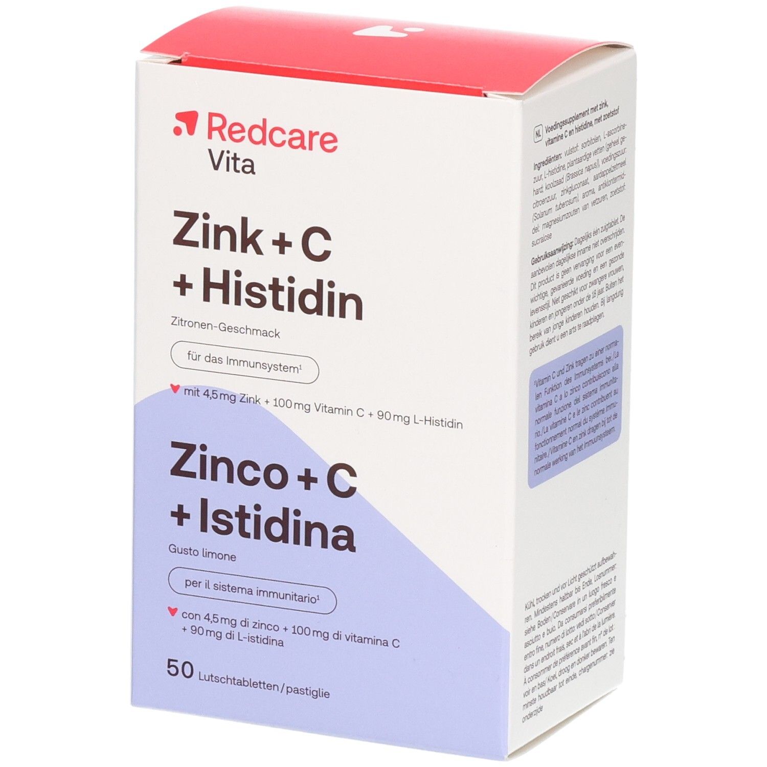 Emballage Redcare Vita Zinc + C + Histidine, goût citron, pour le système immunitaire.