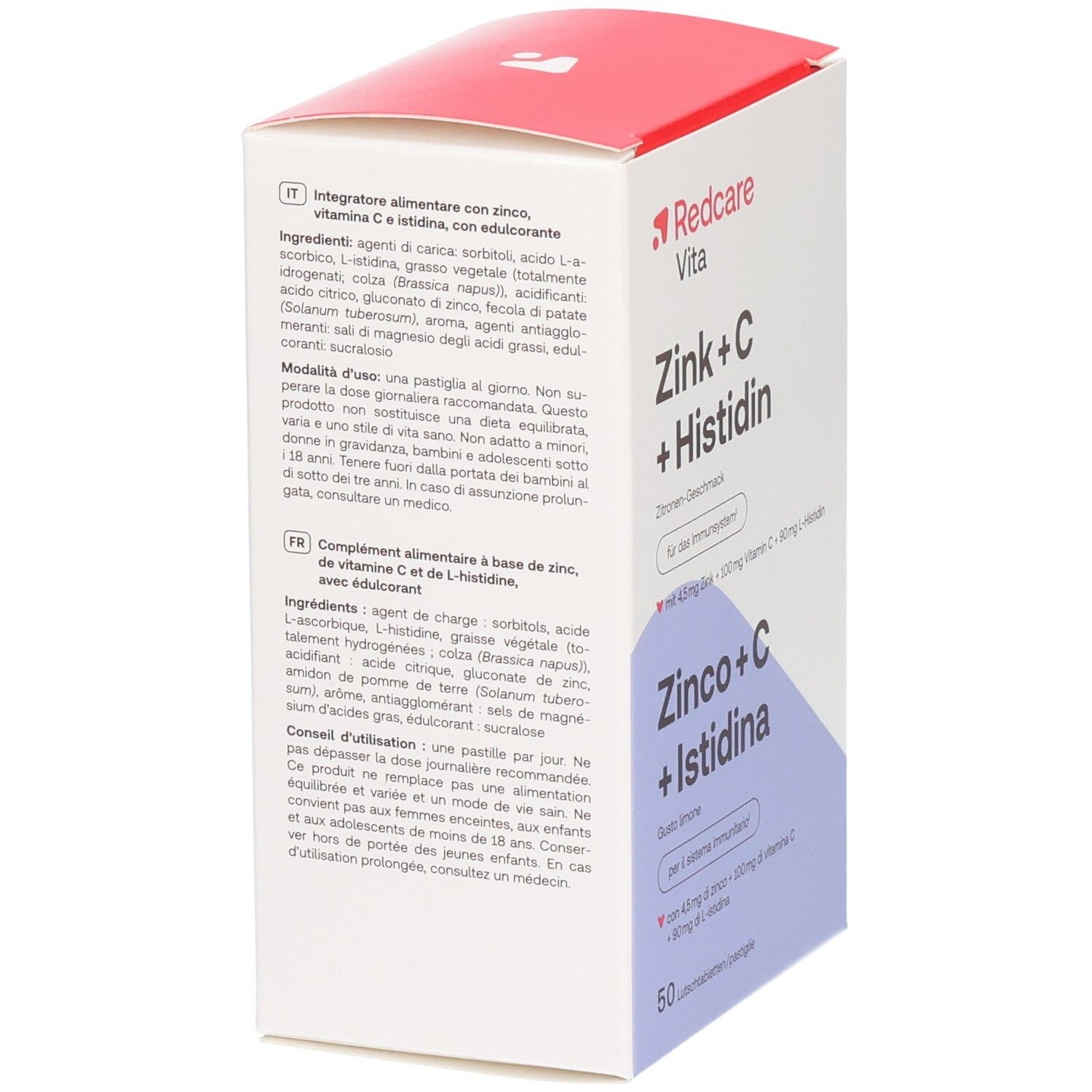 Arrière de l'emballage Redcare Vita Zinc + C + Histidine avec liste des ingrédients et informations nutritionnelles.
