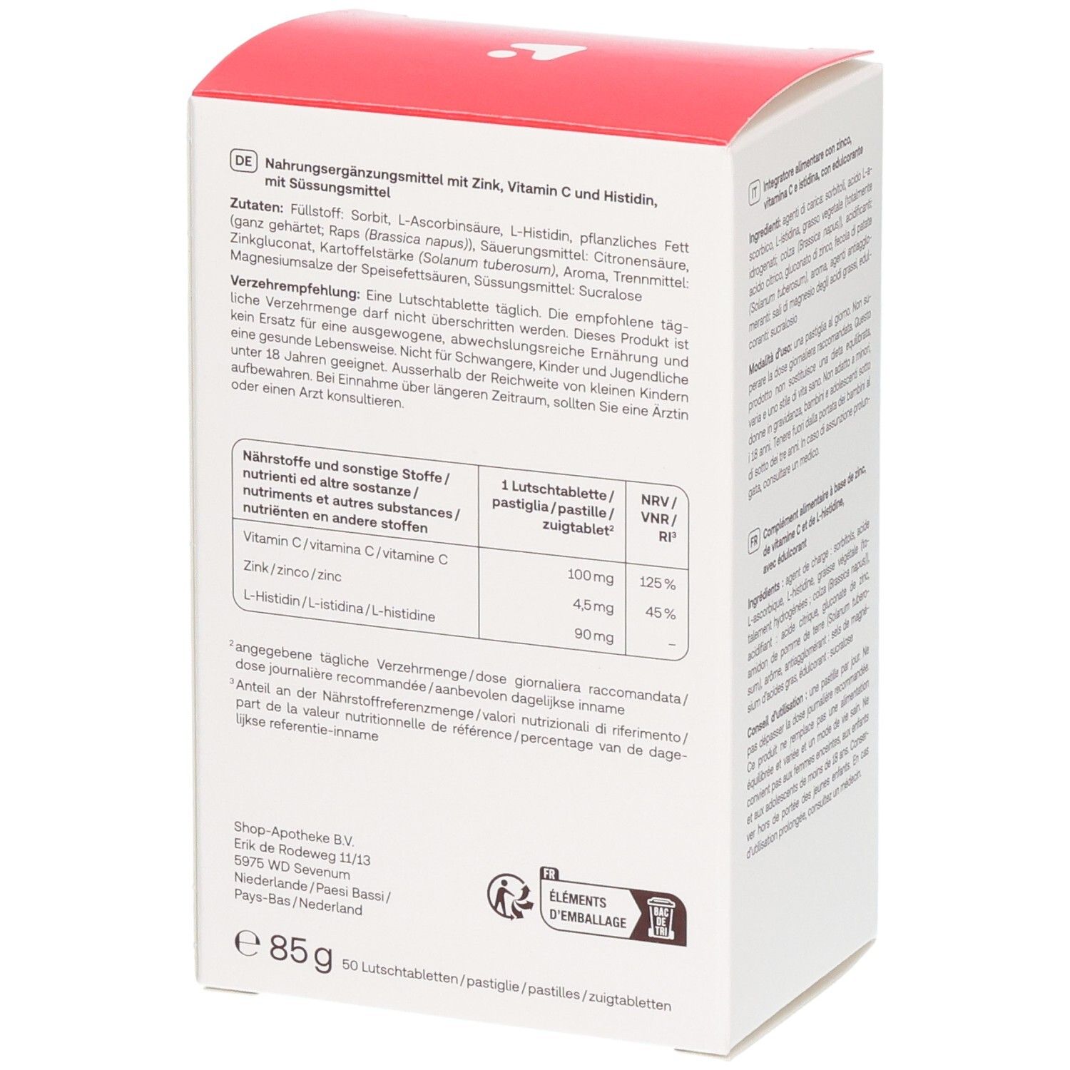 Vue latérale de l'emballage Redcare Vita Zinc + C + Histidine avec informations nutritionnelles détaillées.