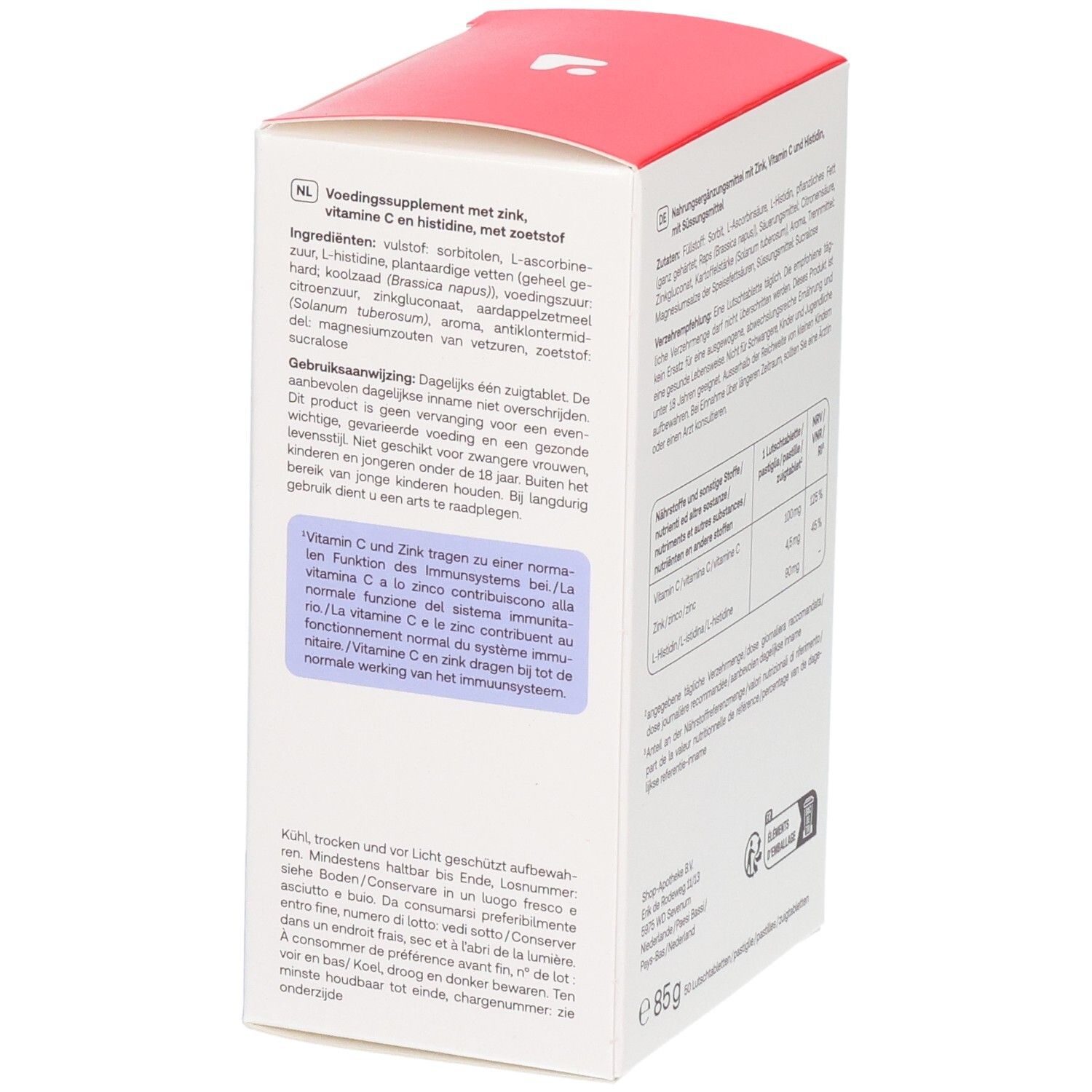 Vue latérale de l'emballage Redcare Vita Zinc + C + Histidine avec instructions de stockage et d'utilisation.