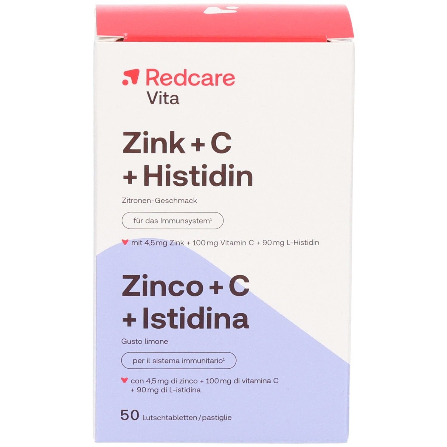 Avant de l'emballage Redcare Vita Zinc + C + Histidine, goût citron, 50 pastilles.