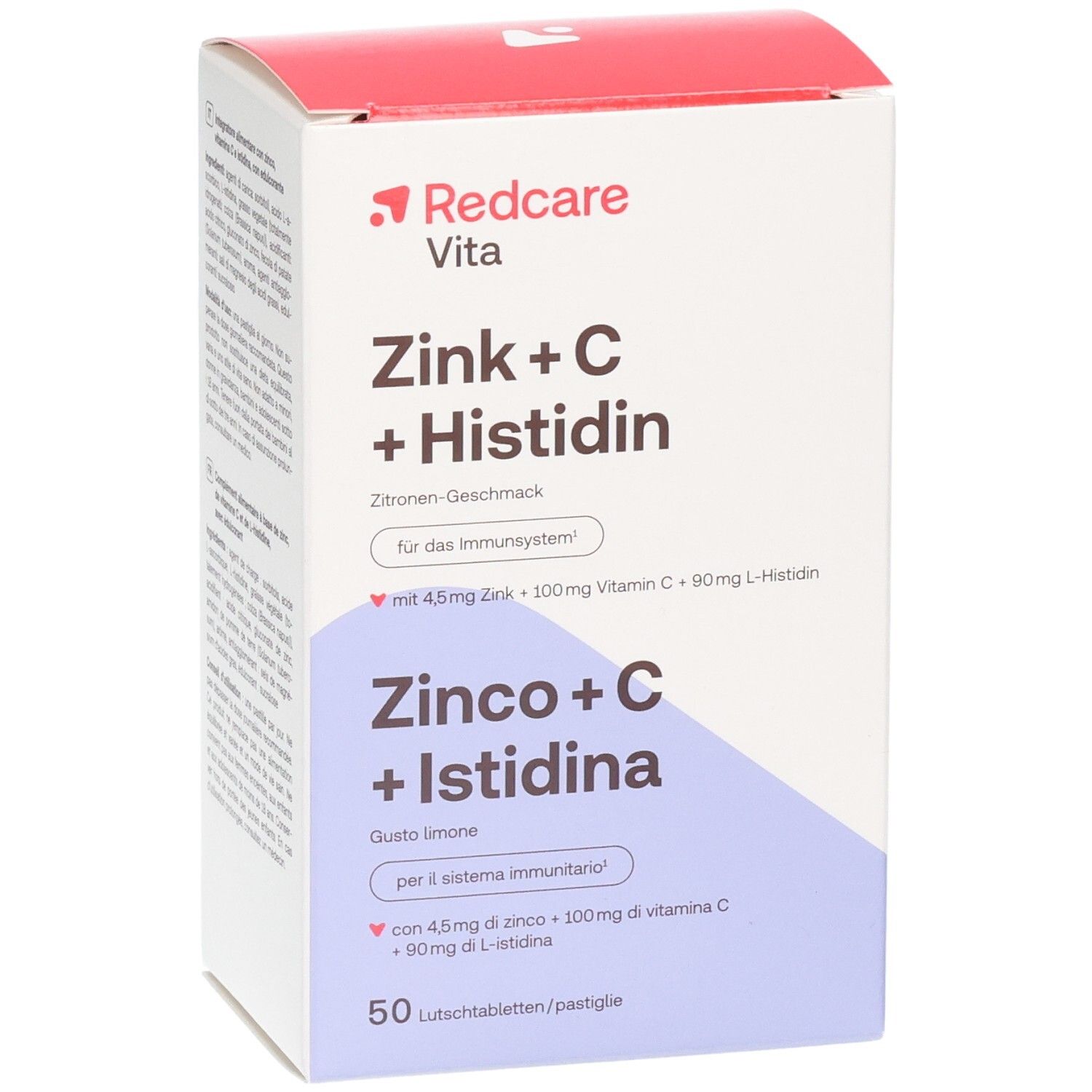 Emballage Redcare Vita Zinc + C + Histidine, goût citron, pour le système immunitaire, 50 pastilles.