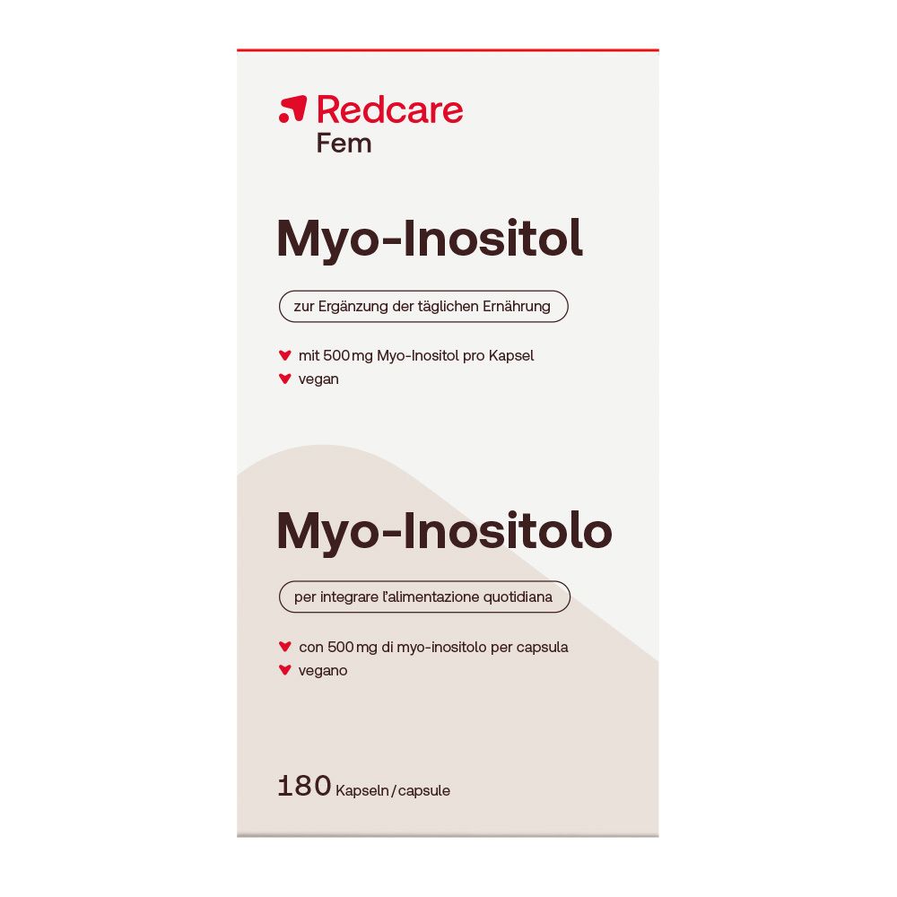 Redcare Fem Myo-Inositol. Weißer Karton. Aufschrift: Myo-Inositol, 180 Kapseln. Vegan.