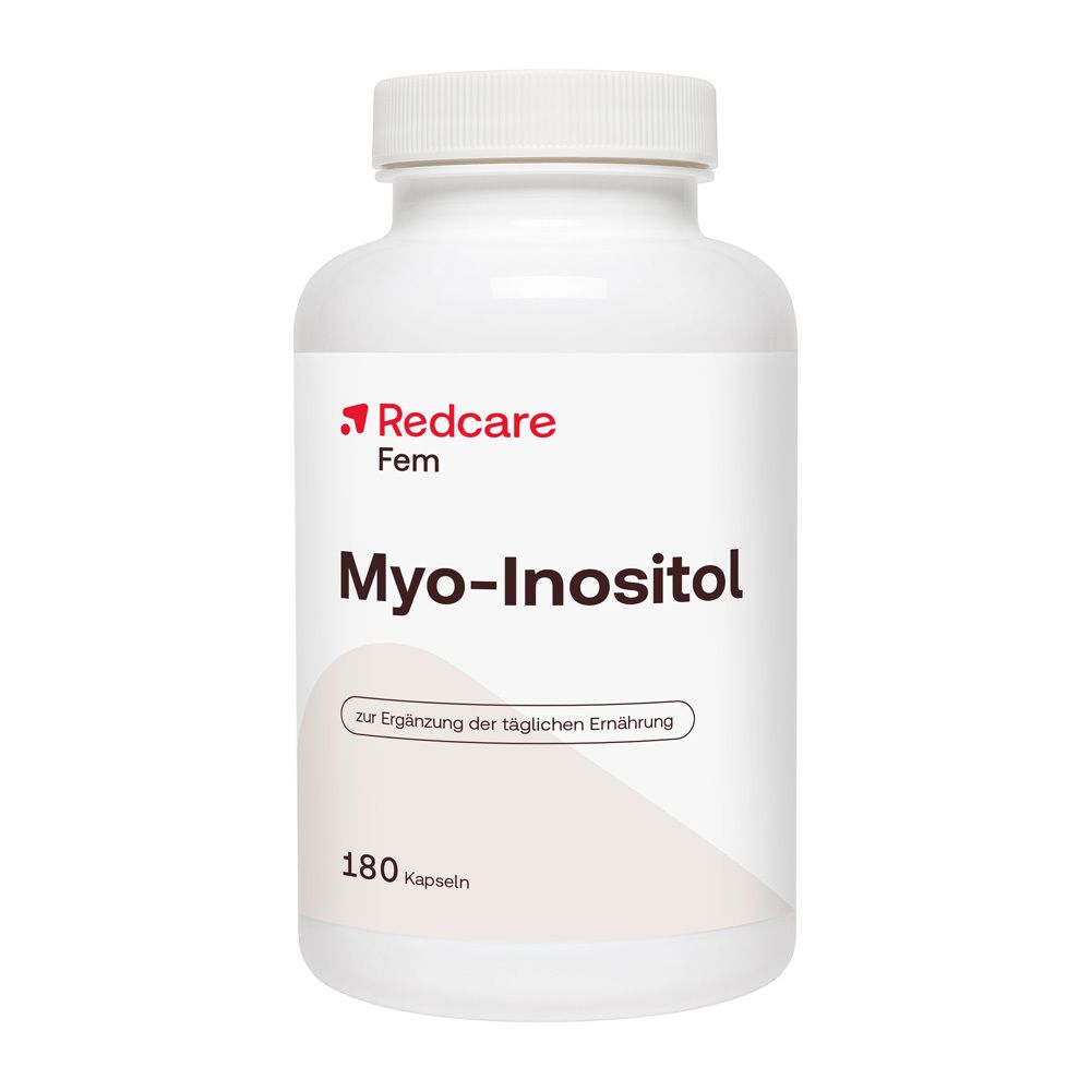 Redcare Fem Myo-Inositol. Weiße Flasche. Aufschrift: Myo-Inositol, 180 Kapseln. Vegan.