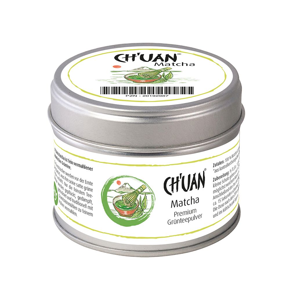 CH'UAN Matcha Premium Grünteepulver in silberner Dose mit Etikett, das eine Schale mit Matcha und einen Bambusbesen zeigt.