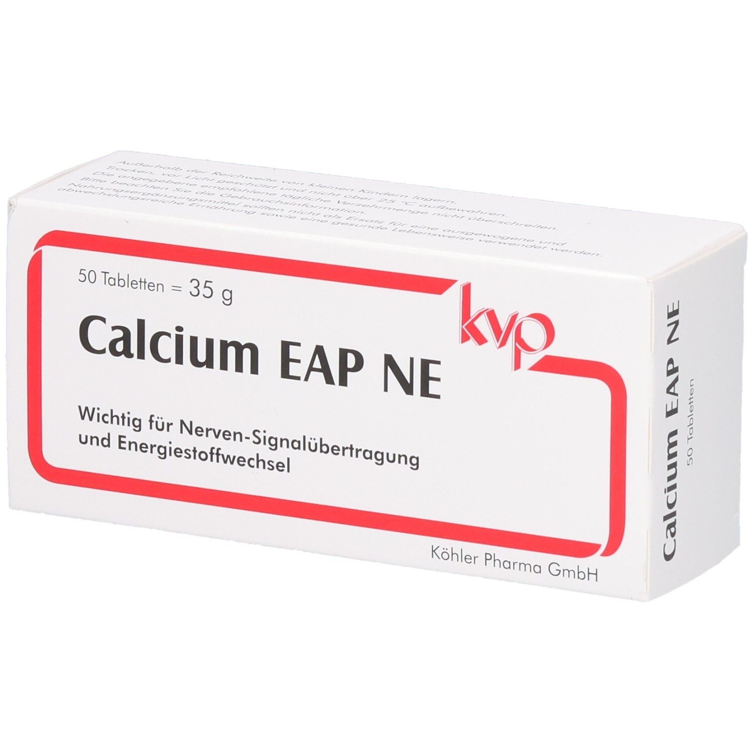 Weiße Schachtel mit rotem Rahmen. Aufschrift: Calcium EAP NE, 50 Tabletten, 35 g. Wichtig für Nerven-Signalübertragung und Energiestoffwechsel.