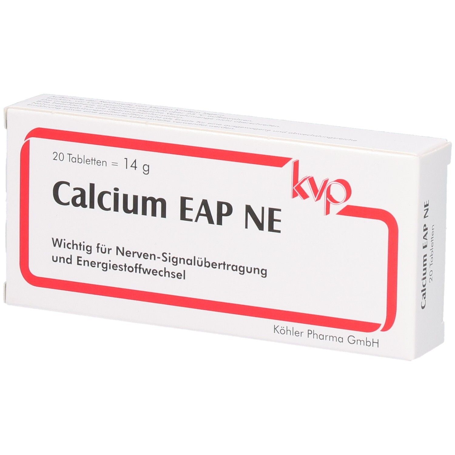 Weiße Schachtel mit rotem Rahmen. Aufschrift: Calcium EAP NE, 20 Tabletten, 14 g. Wichtig für Nerven-Signalübertragung.