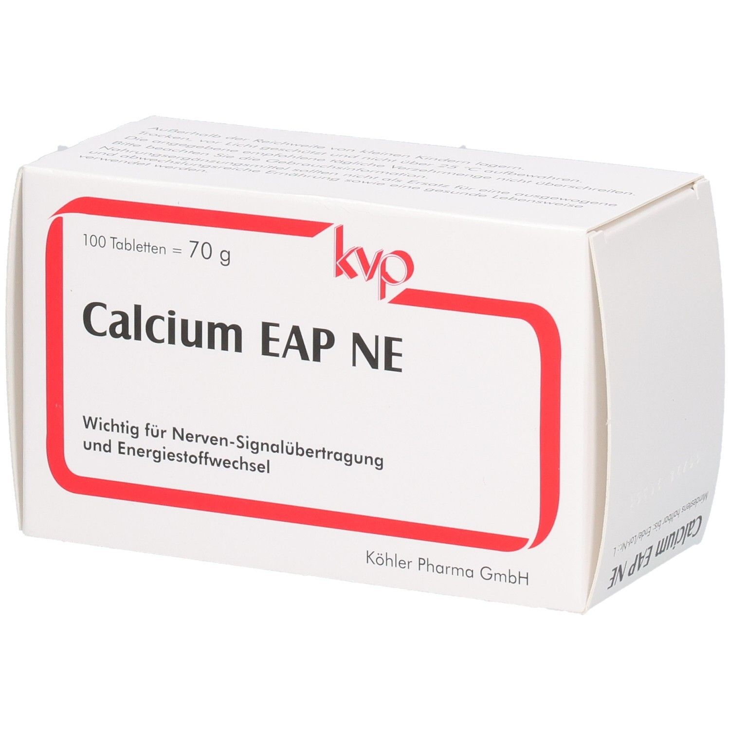 Boîte blanche avec cadre rouge. Inscription: Calcium EAP NE, 100 comprimés, logo kvp. Texte: Important pour la transmission nerveuse.