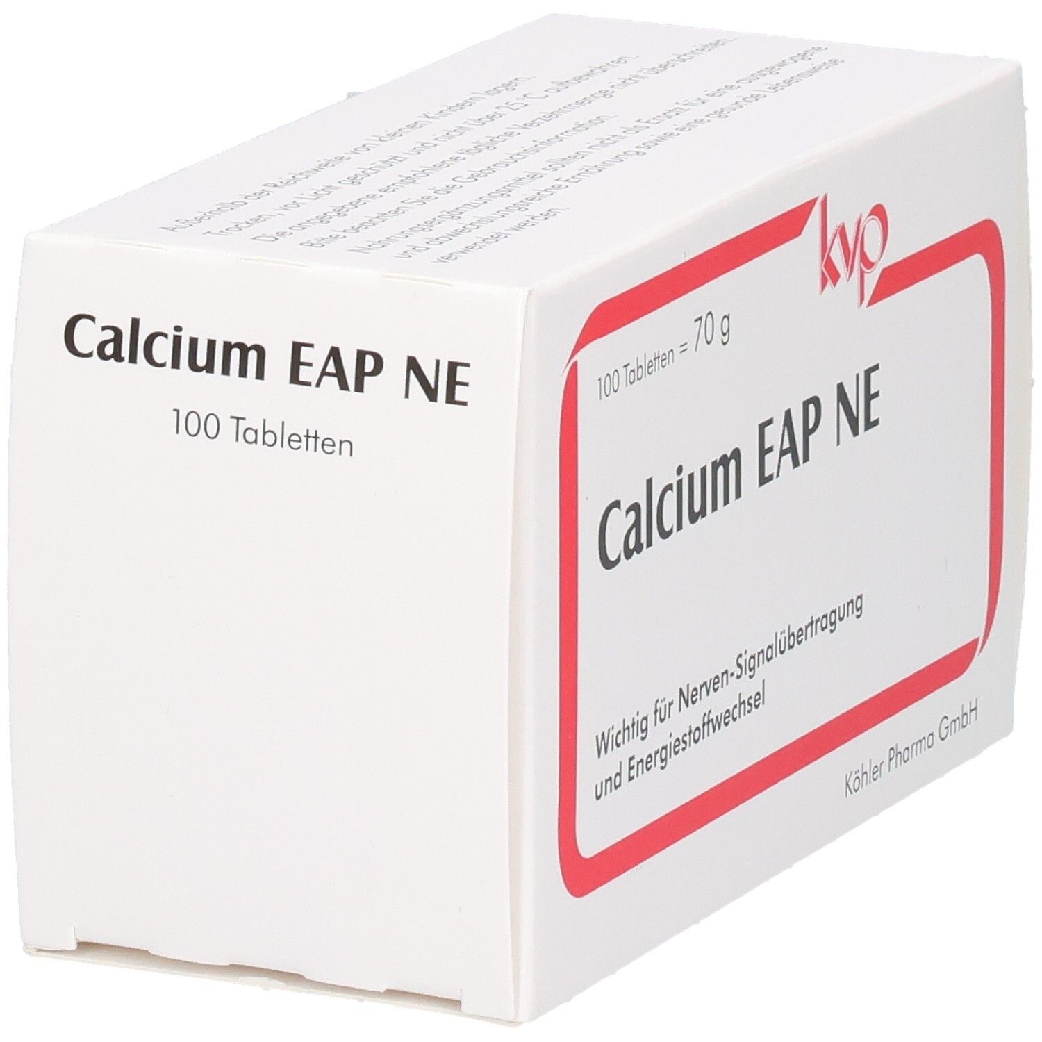 Boîte blanche avec cadre rouge. Inscription: Calcium EAP NE, 100 comprimés, logo kvp. Boîte légèrement inclinée.