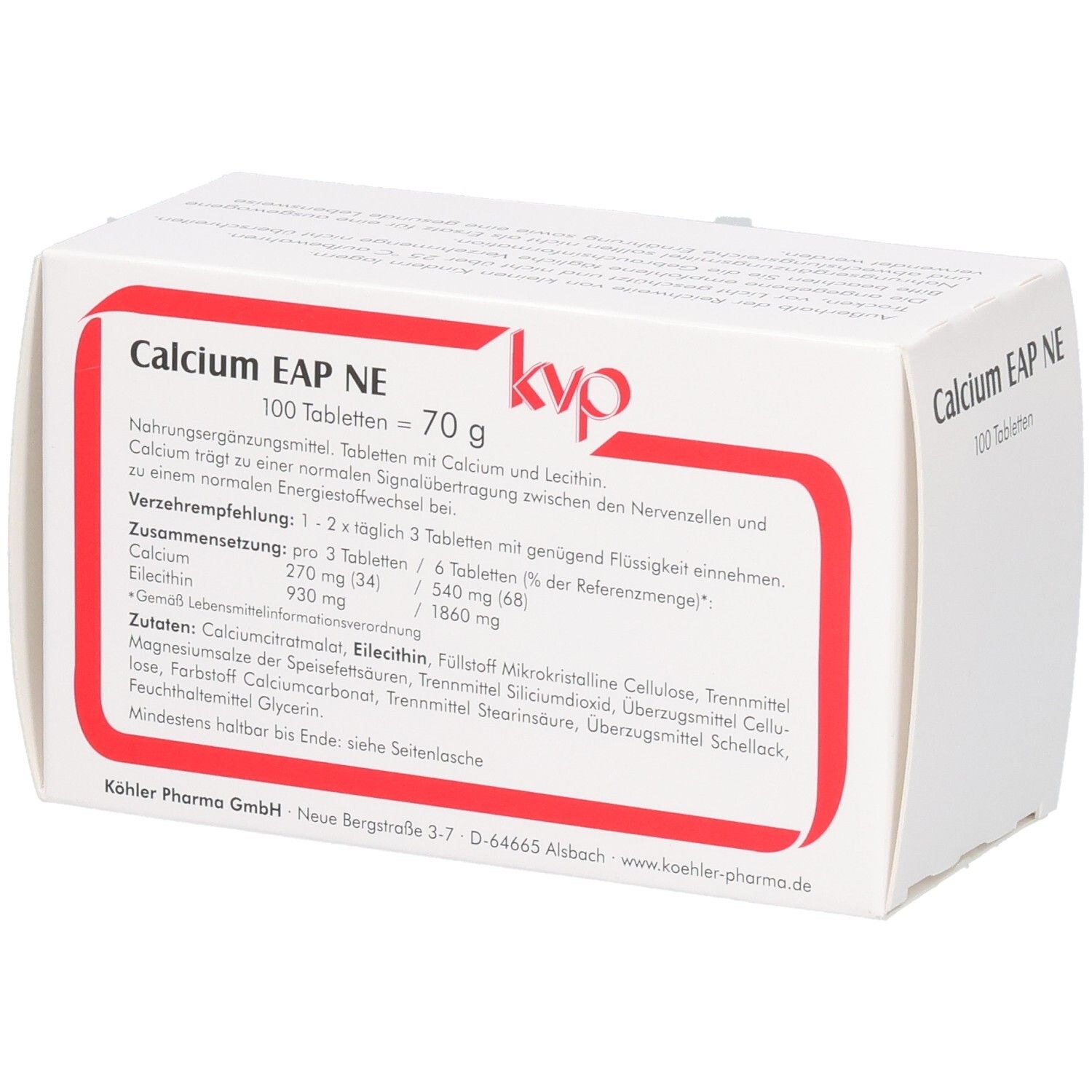 Boîte blanche avec cadre rouge. Inscription: Calcium EAP NE, 100 comprimés, logo kvp. Dos avec texte.
