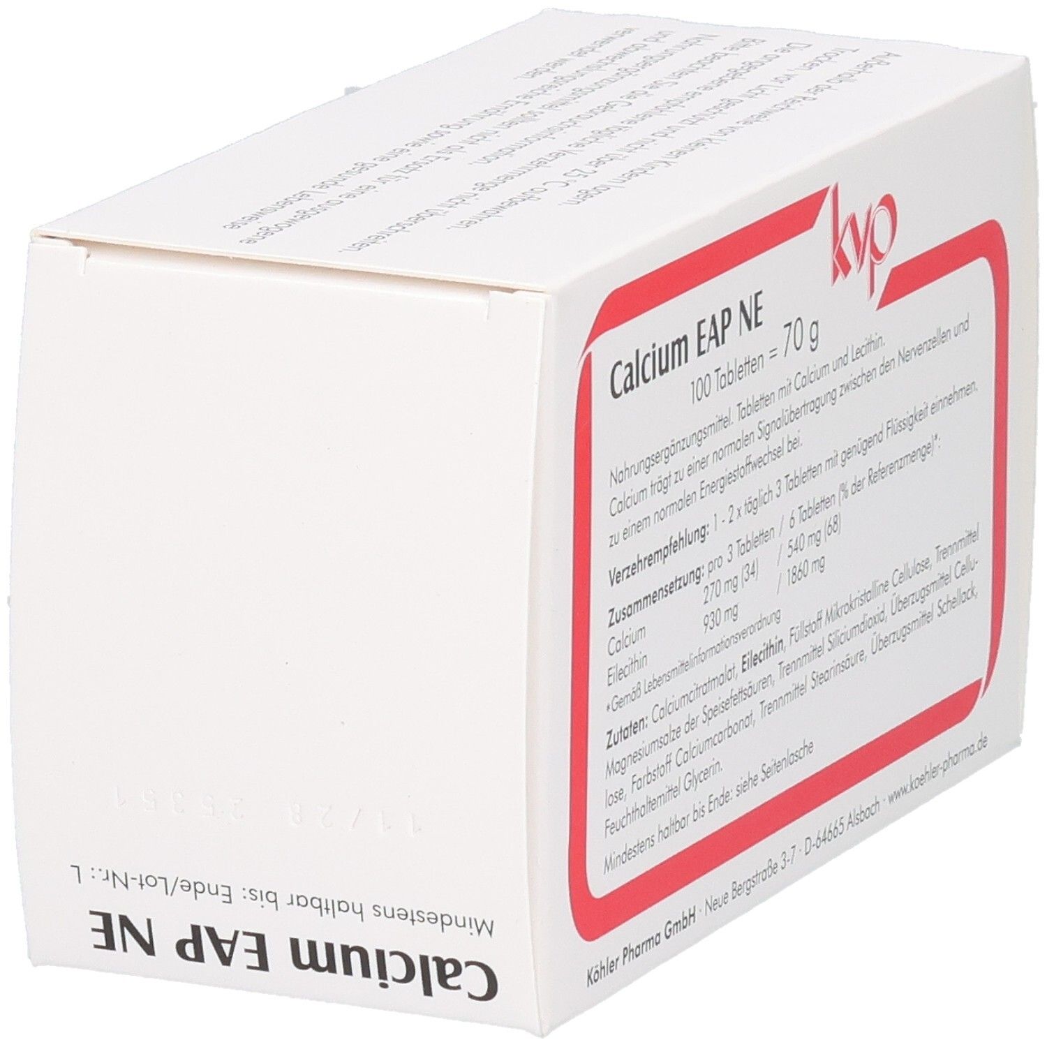 Boîte blanche avec cadre rouge. Inscription: Calcium EAP NE, 100 comprimés, logo kvp. Dos avec texte.