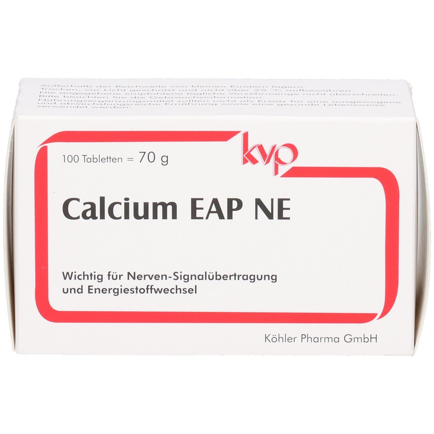Boîte blanche avec cadre rouge. Inscription: Calcium EAP NE, 100 comprimés, logo kvp. Texte: Important pour la transmission nerveuse.