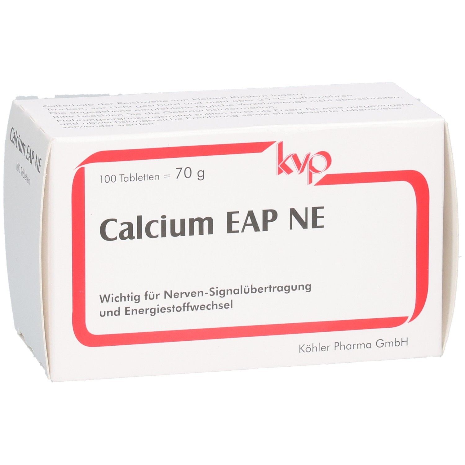 Boîte blanche avec cadre rouge. Inscription: Calcium EAP NE, 100 comprimés, logo kvp. Boîte légèrement inclinée.