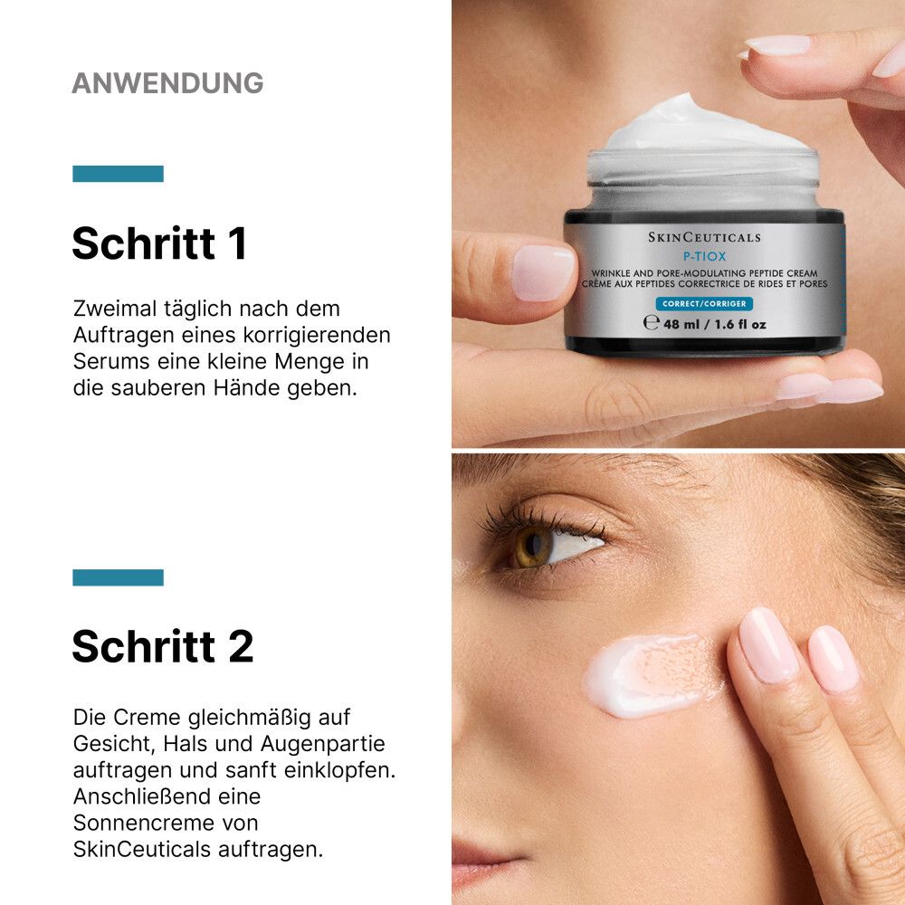Schritt 1 und 2 der Anwendung einer Gesichtscreme. Eine Hand hält einen Tiegel, die andere trägt Creme auf.