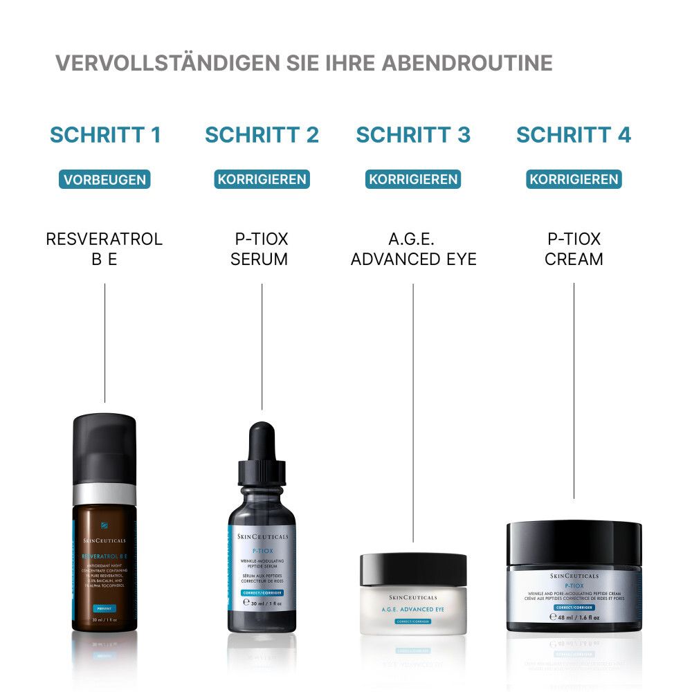 Vier Hautpflegeprodukte für die Abendroutine: Serum, Augenserum und zwei Cremes.