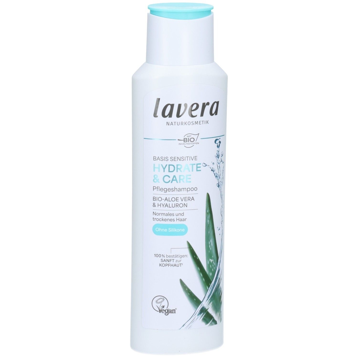 Lavera Basis Sensitiv Hydrate & Care Pflege-Shampoo Flasche mit Aloe Vera und Hyaluron für normales und trockenes Haar.