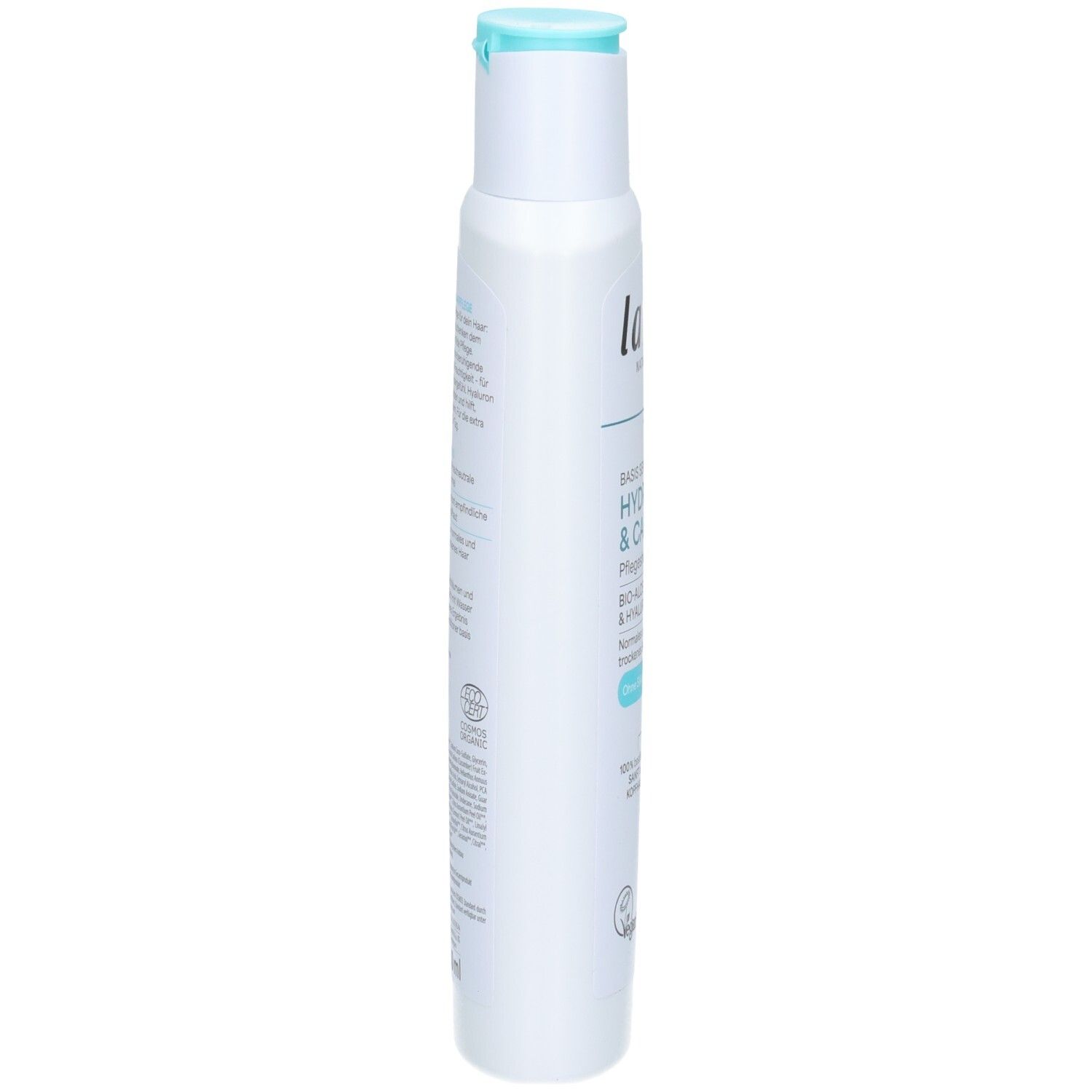 Weiße Flasche mit hellblauem Klappdeckel. Beschriftung: 'lavera Hydro & Q10'.