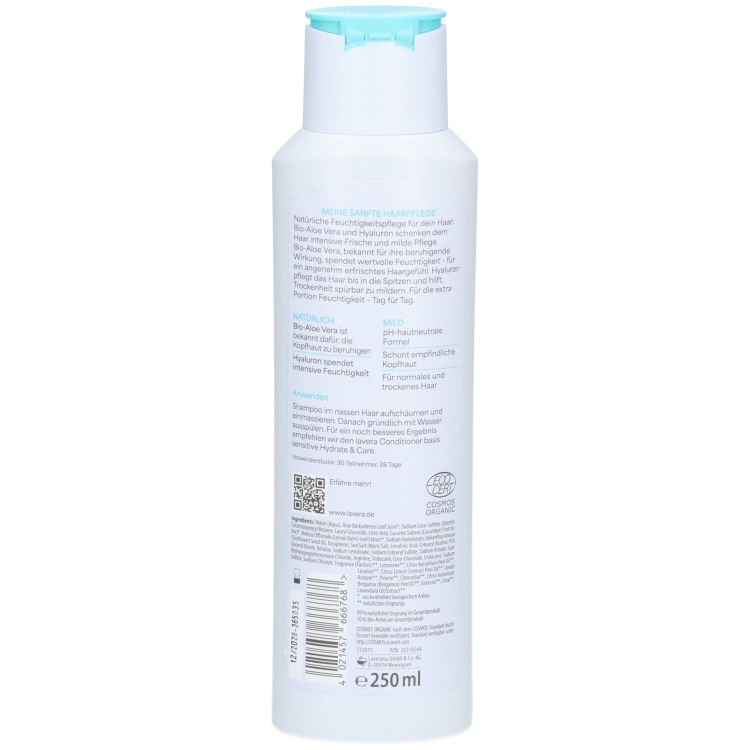 Weiße Flasche mit hellblauem Klappverschluss, 250 ml.