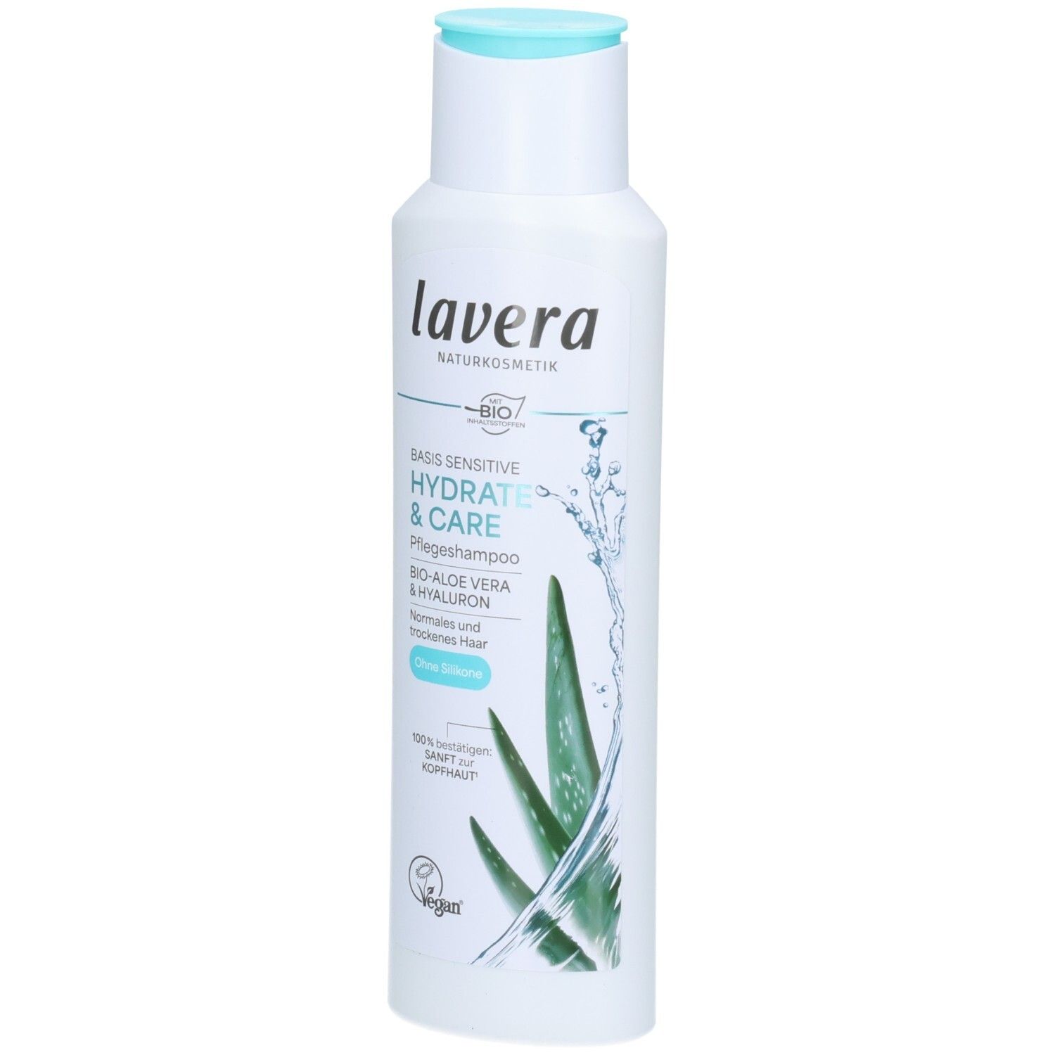 Lavera Hydrate & Care Pflegeshampoo Flasche mit Aloe Vera und Hyaluron. Weiß mit türkisfarbenem Deckel.