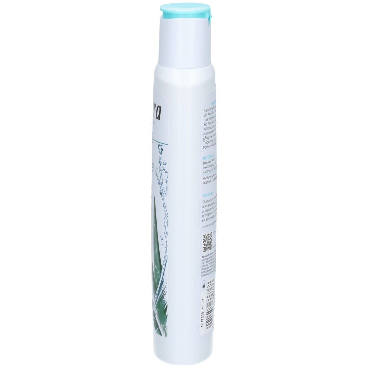 Weiße Flasche mit türkisfarbenem Klappdeckel und Aloe-Vera-Motiv.