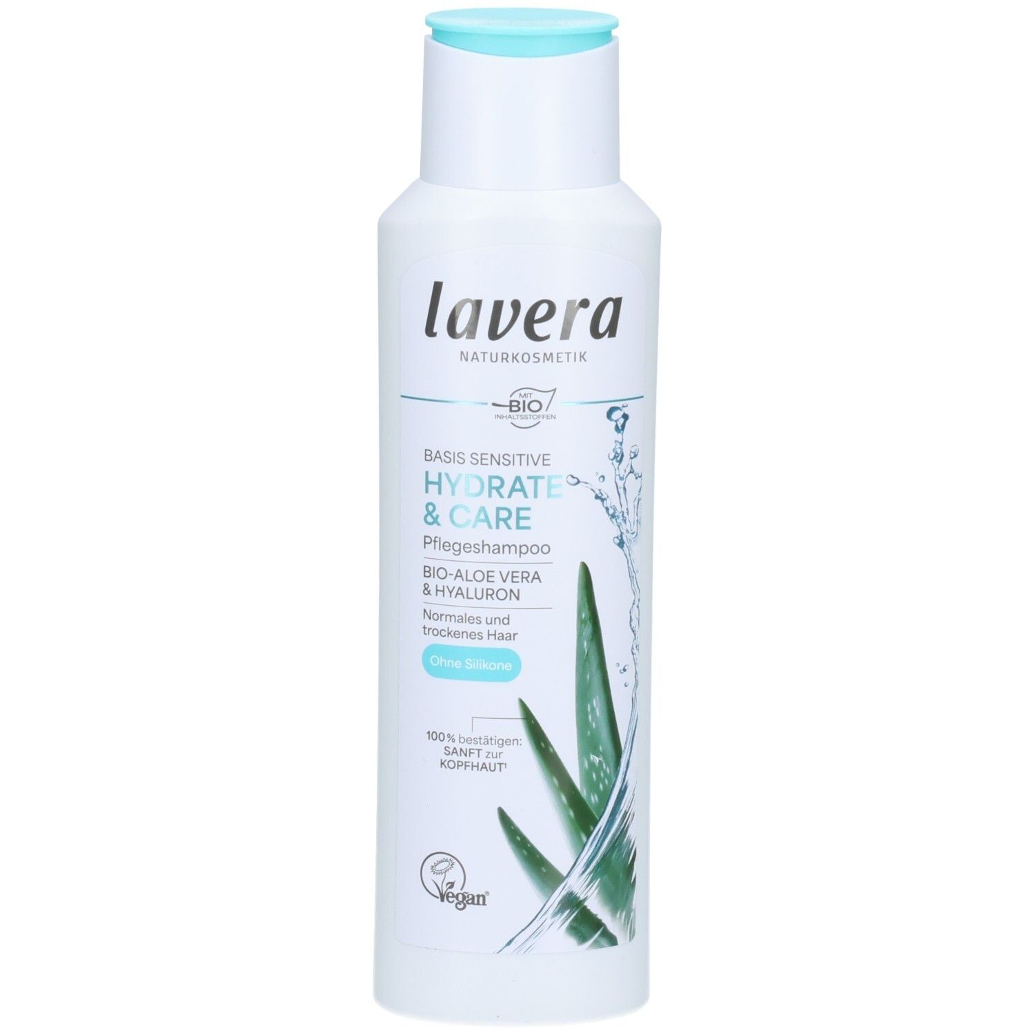 Weiße Flasche Lavera Basis Sensitiv Hydrate & Care Pflegeshampoo mit Aloe Vera und Hyaluron. Für normales und trockenes Haar.