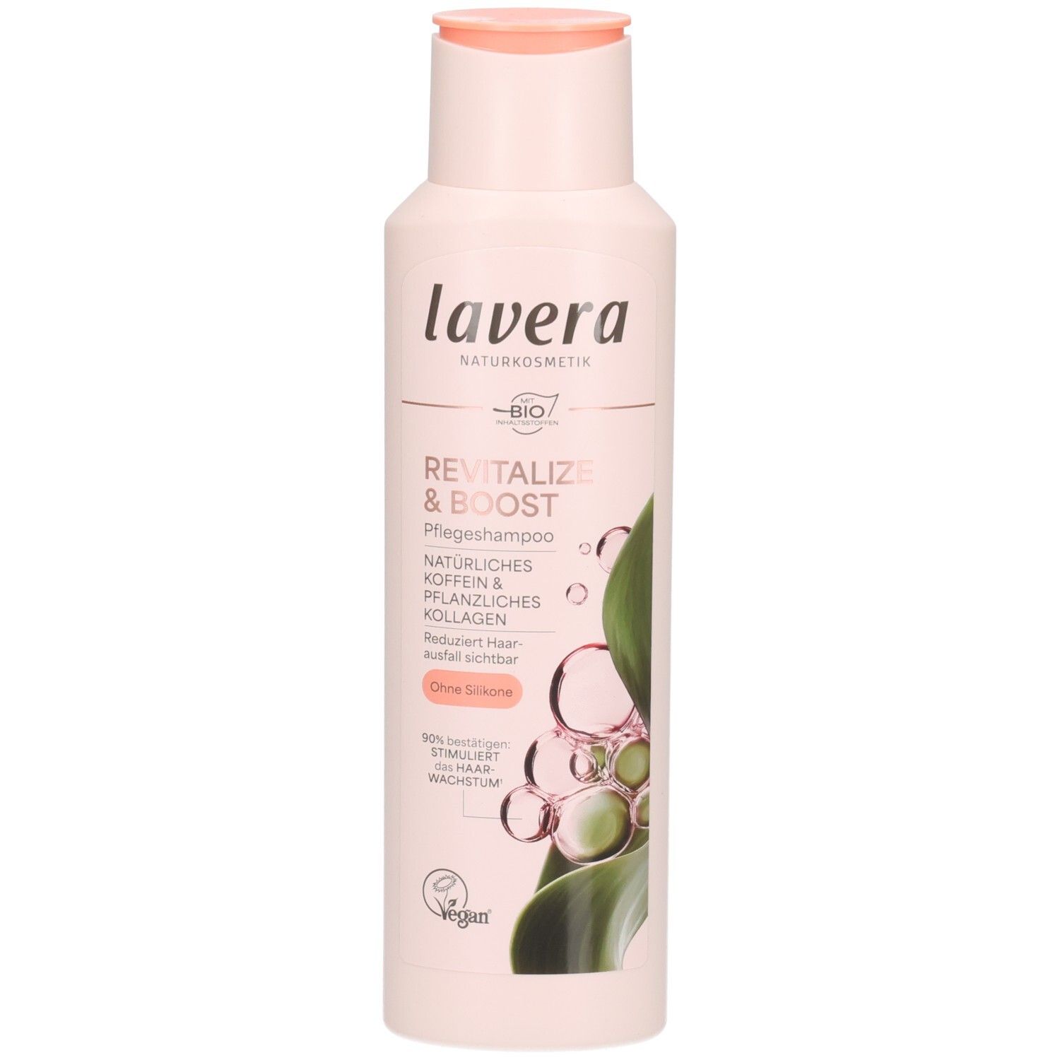 Lavera Revitalize & Boost Pflege-Shampoo in einer hellrosa Flasche mit pinkfarbenem Deckel. Enthält pflanzliches Kollagen und Koffein.