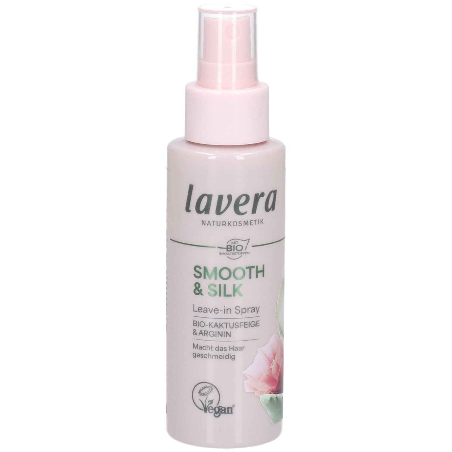 Lavera Smooth & Silk Leave-in Spray in einer rosafarbenen Flasche mit Pumpspender. Enthält BIO-Kaktusfeige & Arginin.