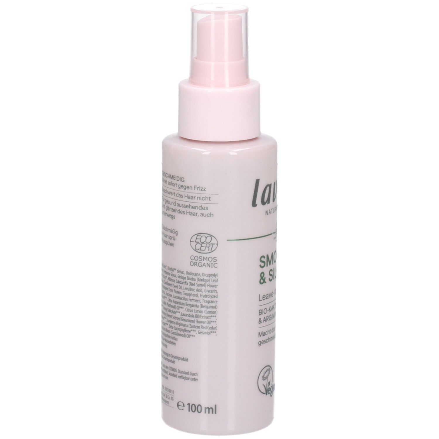 Lavylites Smooth & Shine Spray in einer 100ml rosafarbenen Flasche mit Pumpspender. COSMOS ORGANIC zertifiziert.
