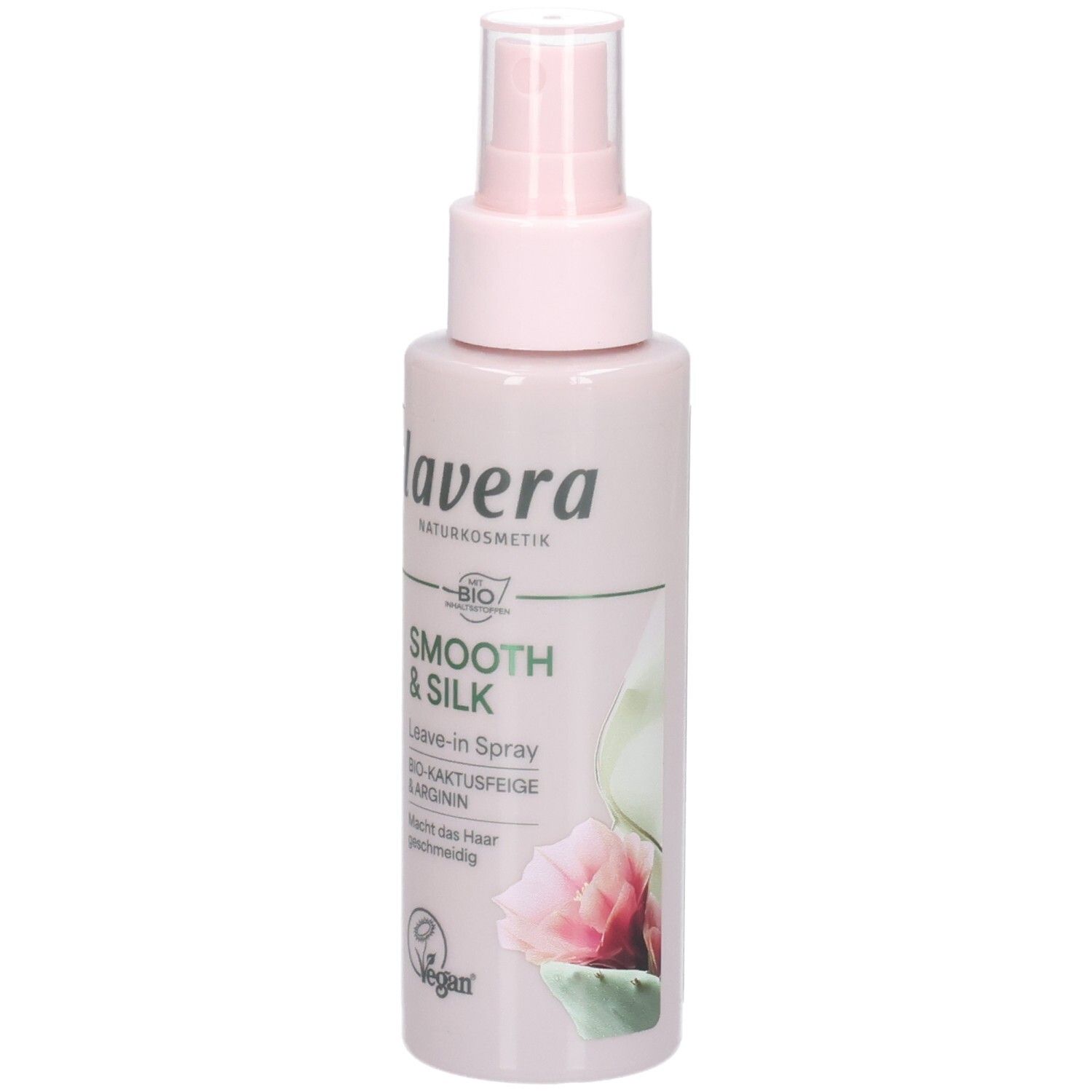 Lavera Smooth & Silk Leave-in Spray in zartrosa Flasche mit Pumpspender. Mit Bio-Kaktusfeige und Bio-Glycerin.