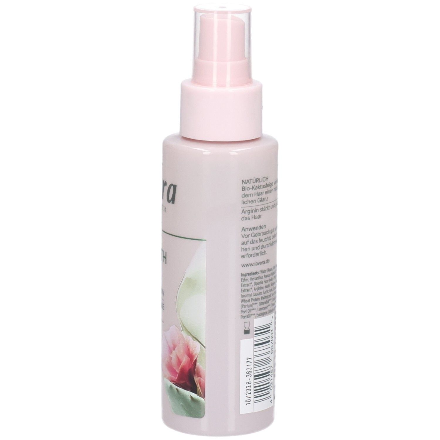 Eine rosa Sprühflasche mit einem transparenten Sprühkopf und einem Etikett mit botanischen Motiven.