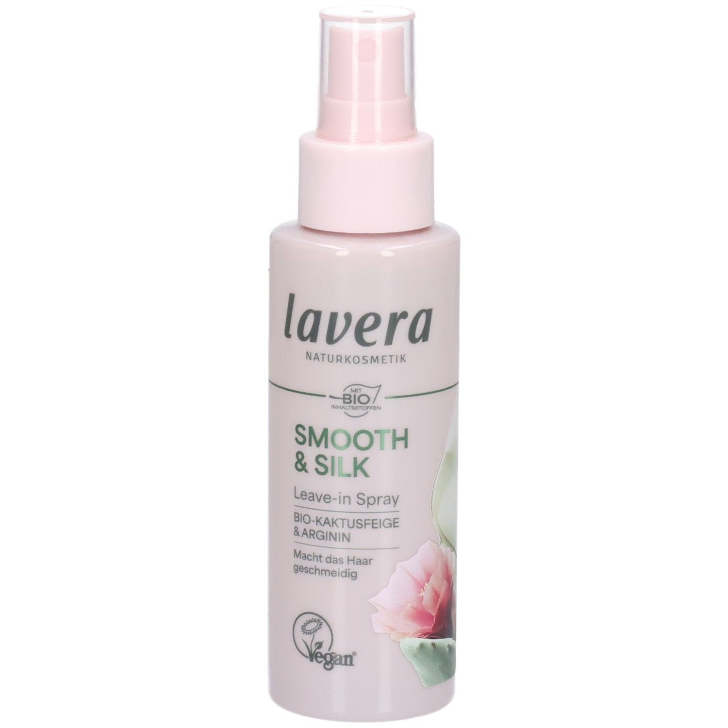 Lavera Smooth & Silk Leave-in Spray in einer rosa Sprühflasche mit Pumpspender. Bio-Kaktusfeige & Arginin.