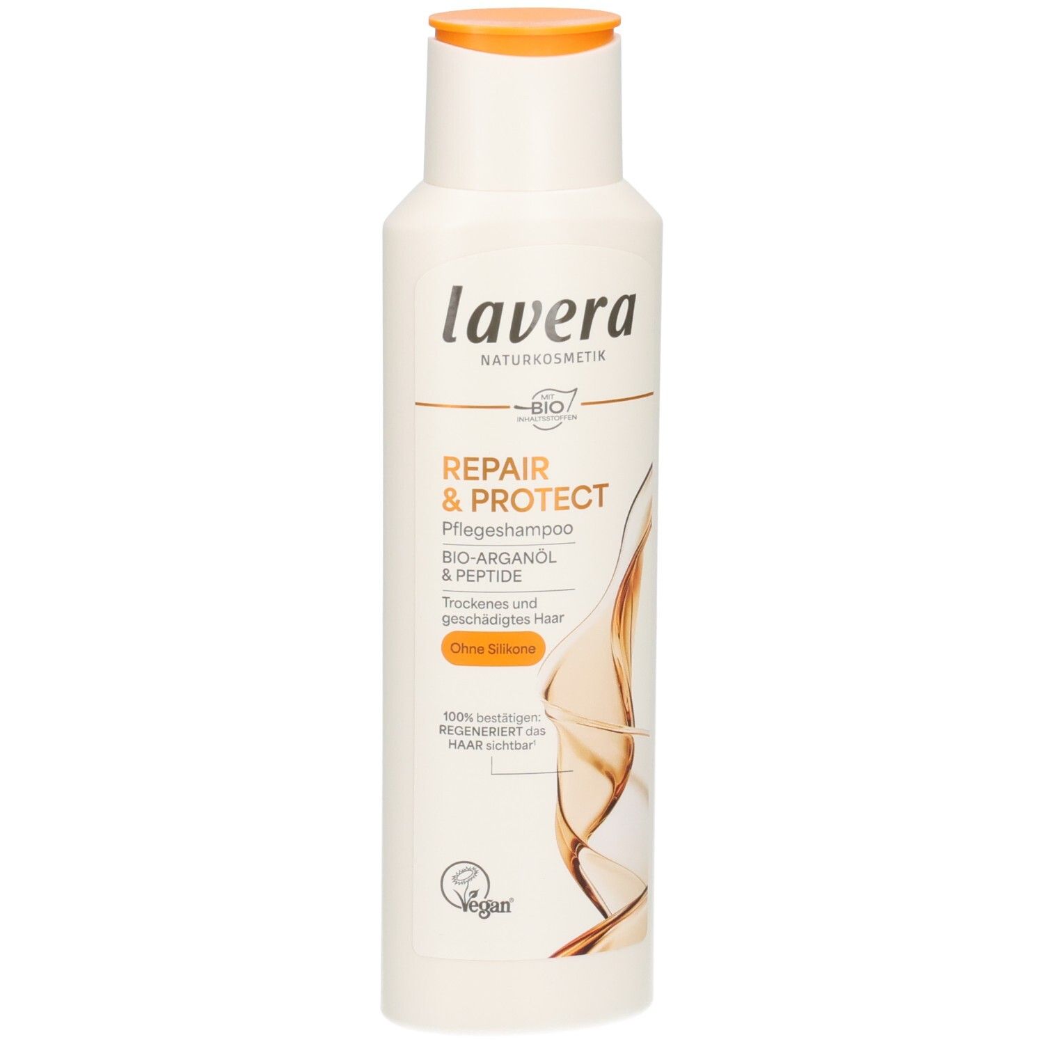 Lavera Repair & Protect Pflegeshampoo Flasche mit orangefarbenem Deckel. Enthält Bio-Arganöl & Peptid.