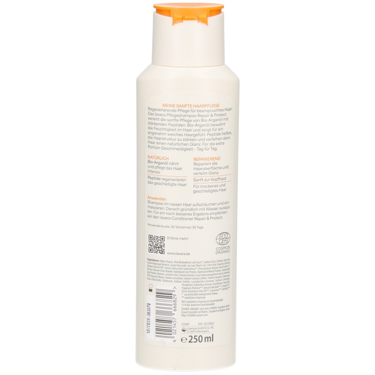 Weiße Flasche mit orangefarbenem Klappdeckel, 250ml. Rückseite mit Produktinformationen und Siegeln.