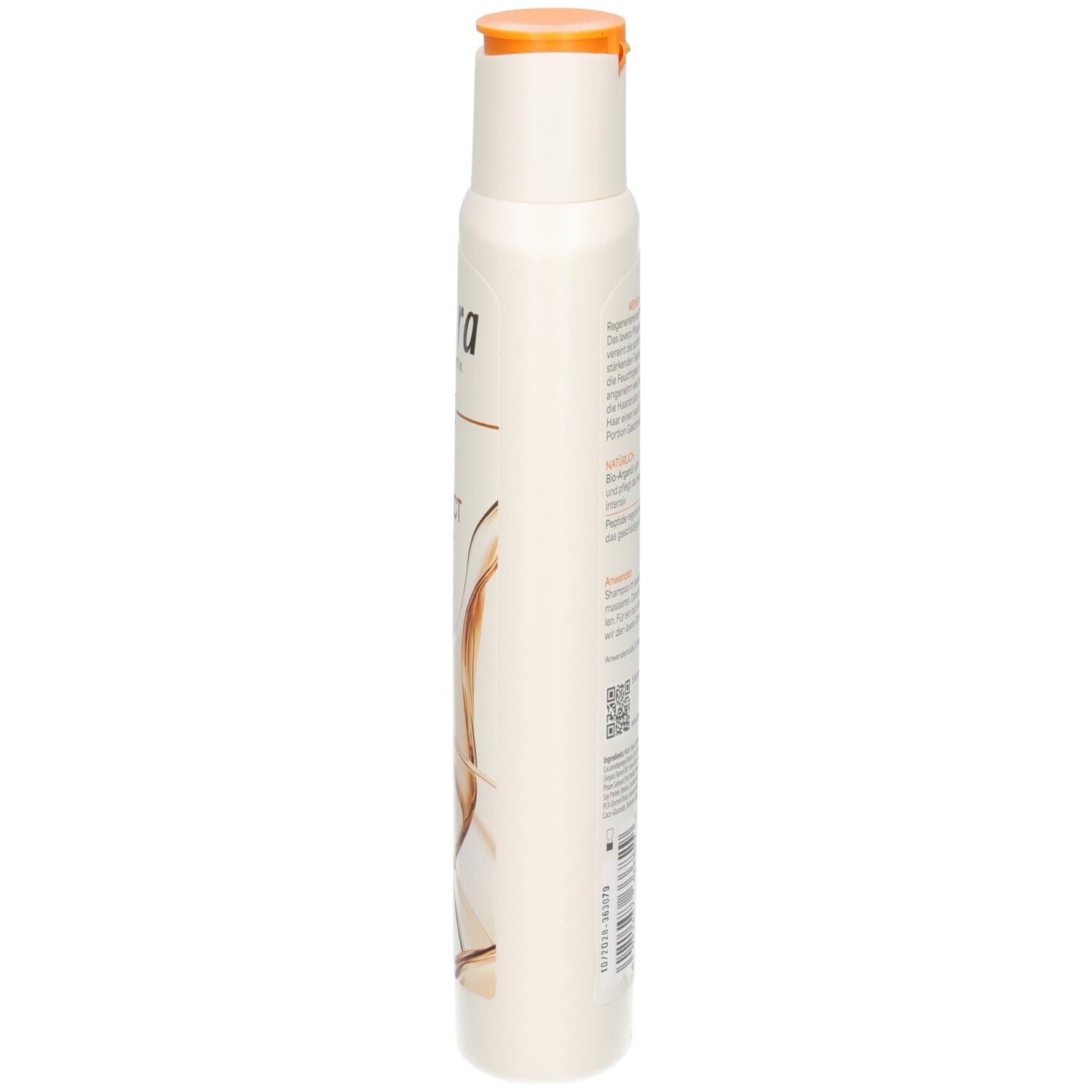 Weiße Flasche mit orangefarbenem Klappdeckel und braunen Verzierungen.