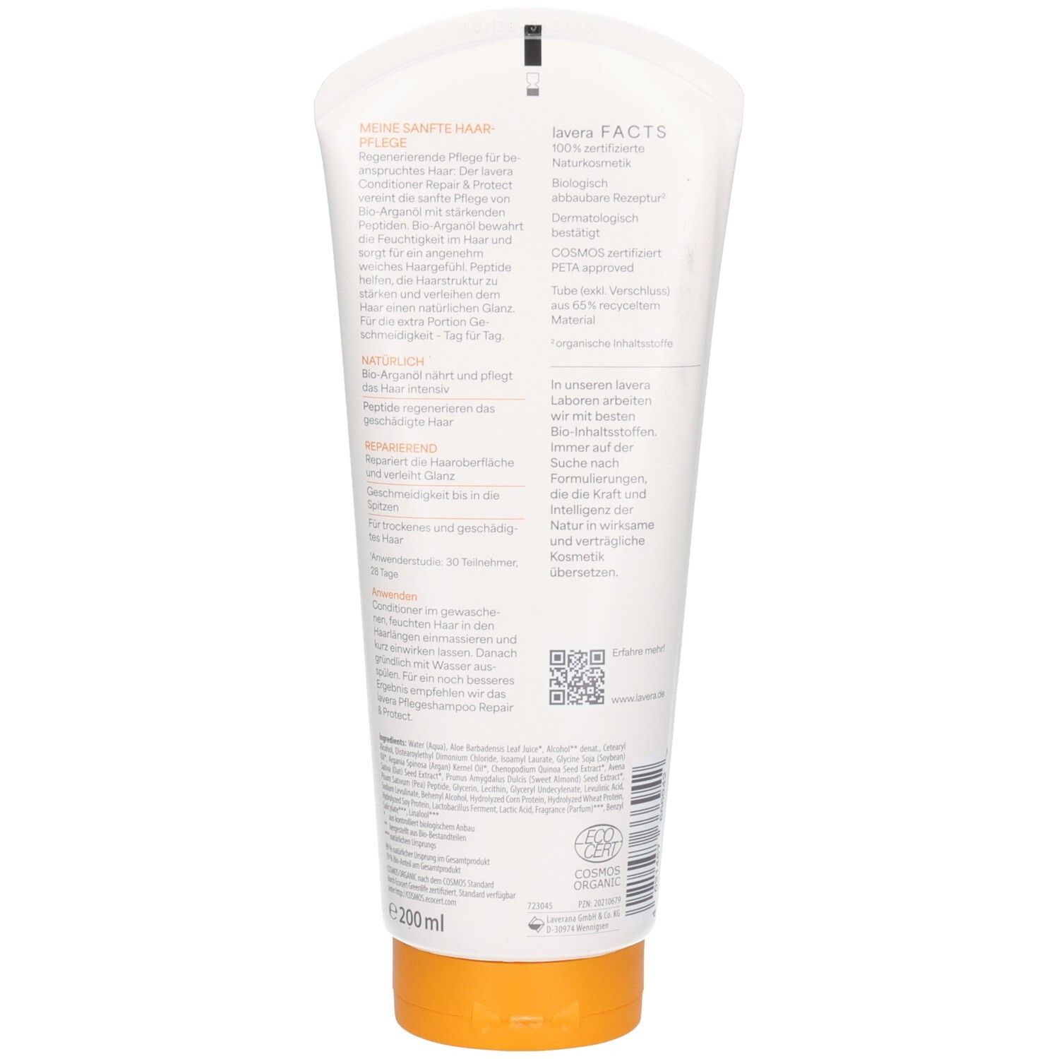 Rückseite des Lavera Repair & Protect Conditioners. Enthält 200ml. Informationen zu Inhaltsstoffen und Anwendung.