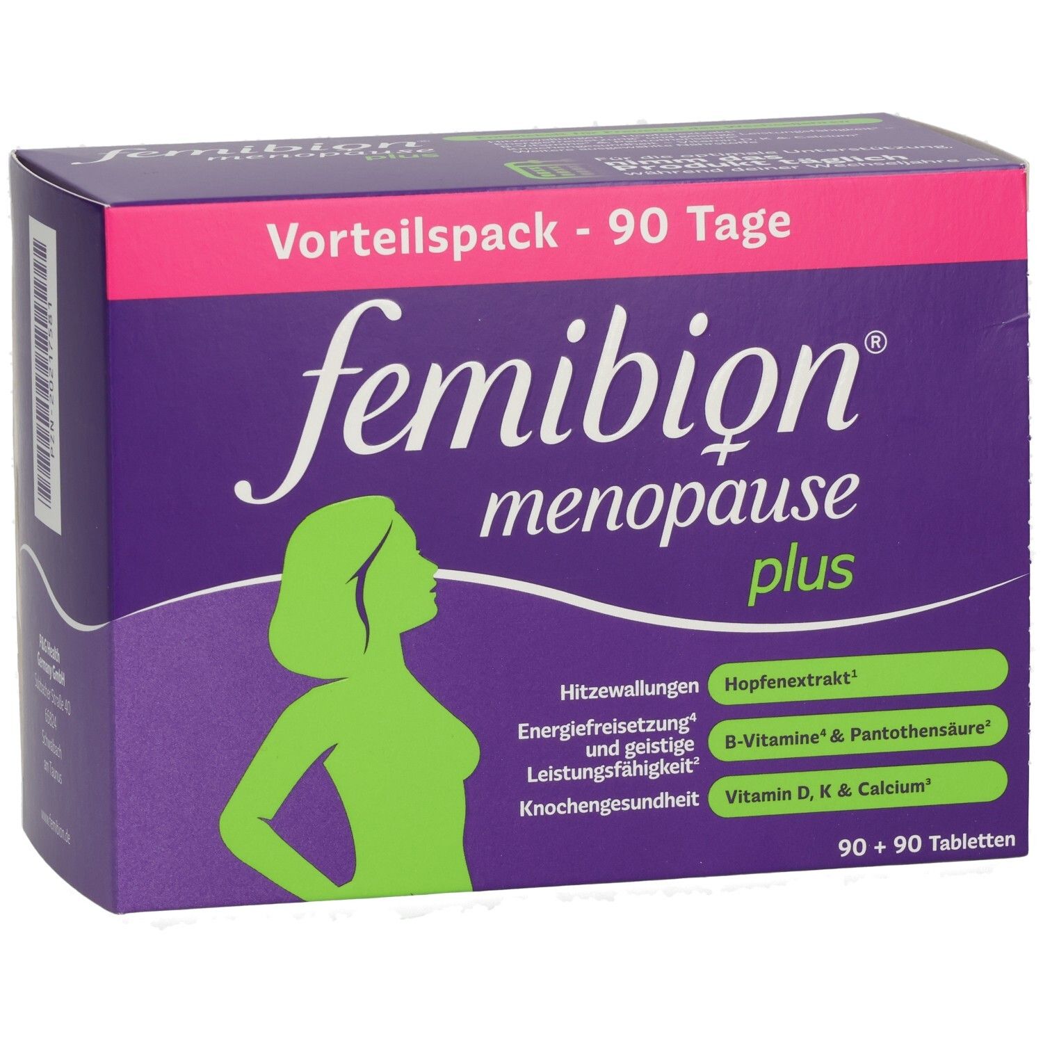 Femibion Menopause Plus Vorteils-Packung mit 90+90 Tabletten. Lila Karton mit Frauensilhouette.