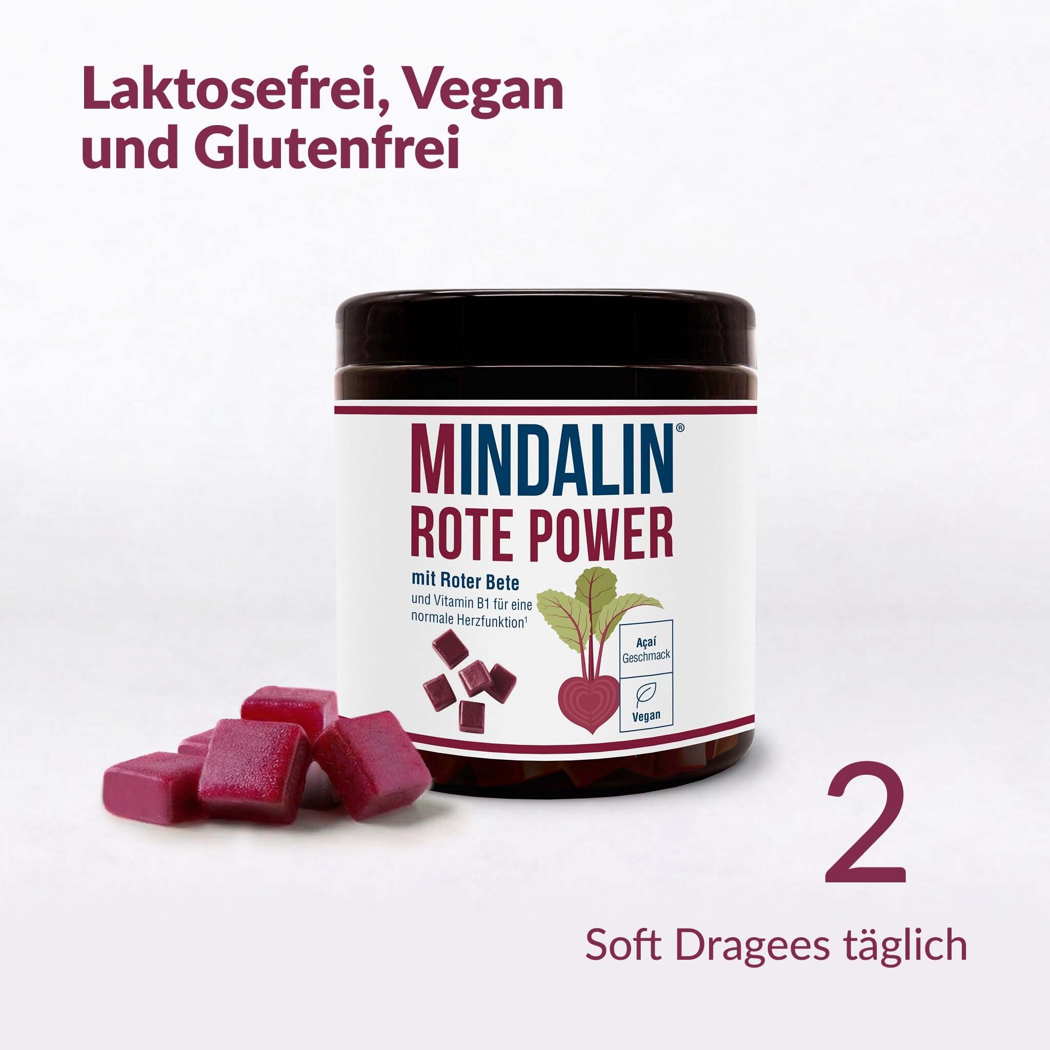 Boîte marron avec étiquette blanche. Inscription : MINDALIN ROTE POWER. Texte : Sans lactose, végétalien et sans gluten.