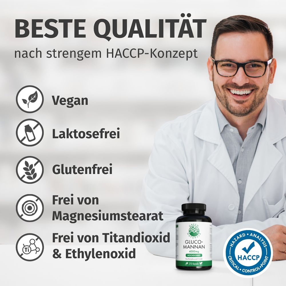 Mann in Laborkittel lächelt, daneben Liste von Produktmerkmalen: Vegan, Laktosefrei, Glutenfrei, Frei von Magnesiumstearat, Titandioxid & Ethylenoxid. Fläschchen mit Glucmannan 600mg.