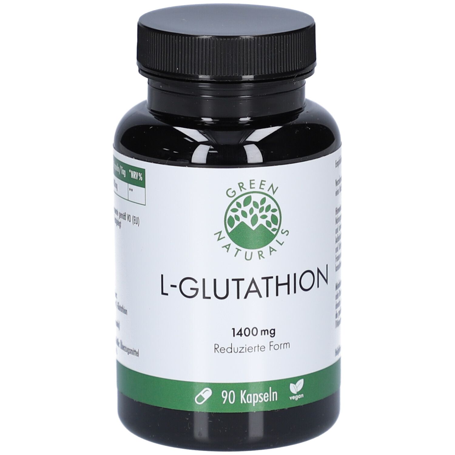 Schwarze Flasche mit grüner Banderole. Aufschrift: L-Glutathion 1400 mg, 90 Kapseln, vegan. Logo: Green Naturals.